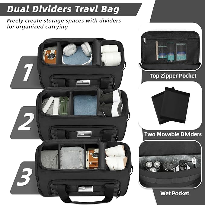 ZOMFELT Tactical Gym Bags for Men, 40L Travel Duffle Bag with Removable Dividers & Innovative Shoe Compartment, 3-in-1 Waterproof MOLLE Gym Duffel Backpack, Airplane Carry-On Approved, Black