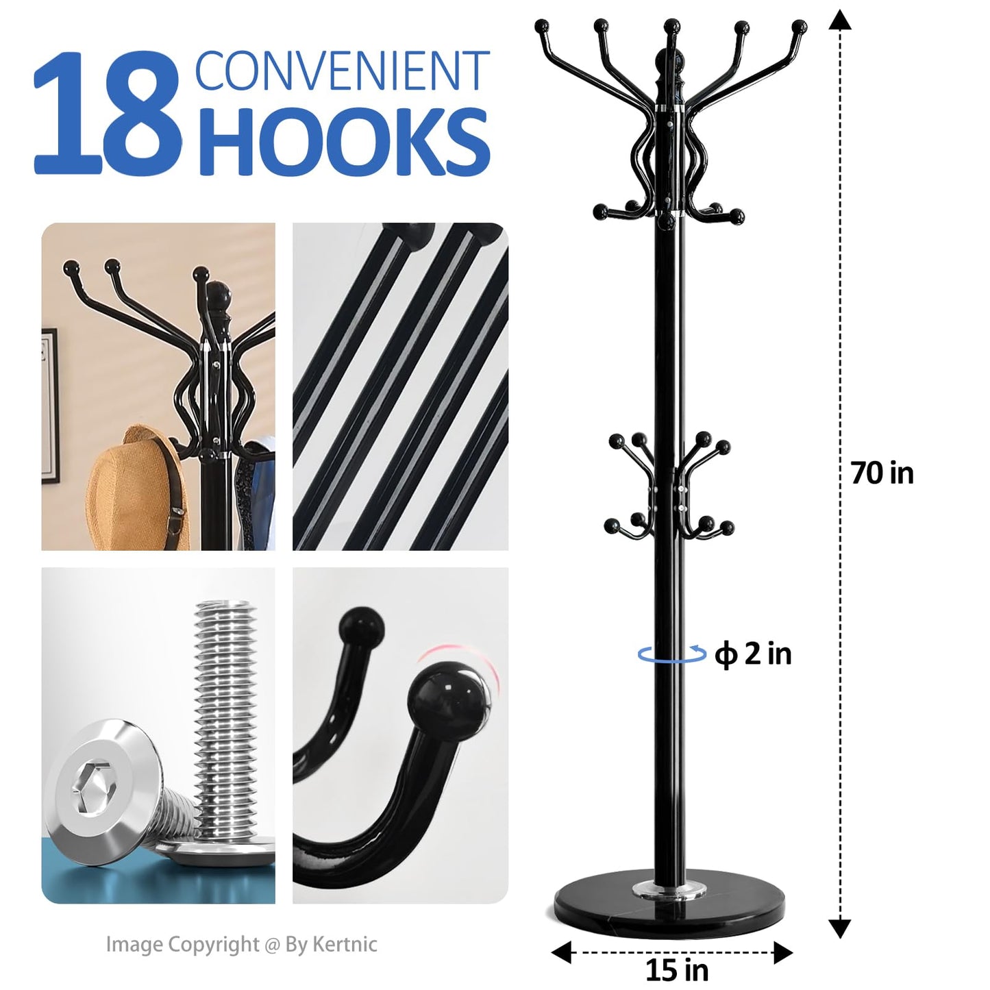 Kertnic Freestanding Coat Rack with 18 Hooks & Marble Base - Heavy Duty Metal Hall Tree Stand for Entryway, Hats, Coats, Bags Rack- Modern Hanger Organizer for Home, Office, Dorm (18 hooks -Black)