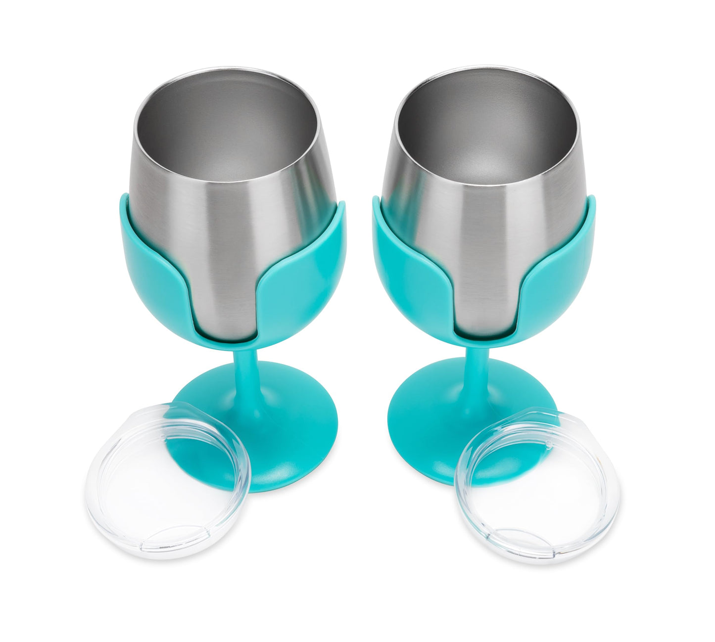 Camco Life is Better at The Campsite Stainless Steel Wine Tumbler 2-Pack - Features Heavy Duty Double Wall Vacuum Insulation & Removable Navy, Red, Green & Yellow Stems - Holds 8-oz Each - Blue(53484)