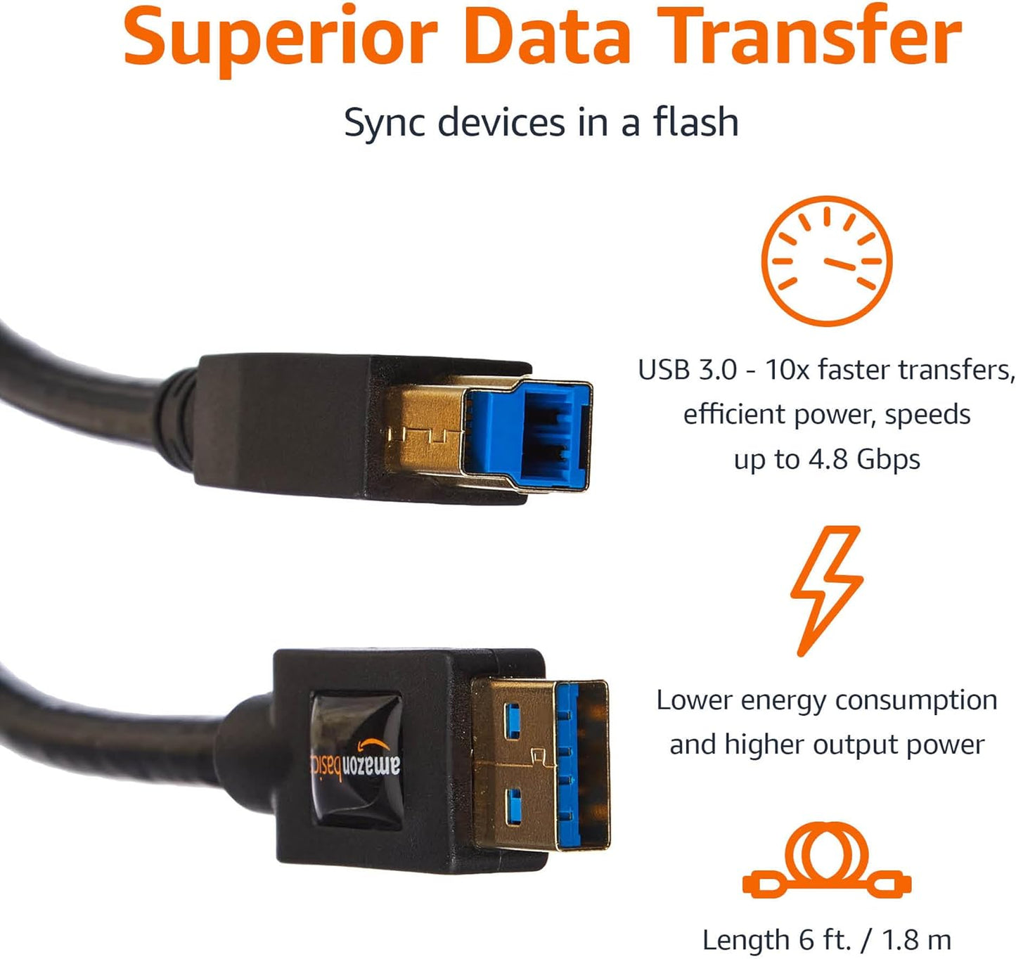 3.0 4.8Gbps 6 Amazon Basics USB-A to USB-B Cable, High-Speed with Gold-Plated Plugs, Foot, Black