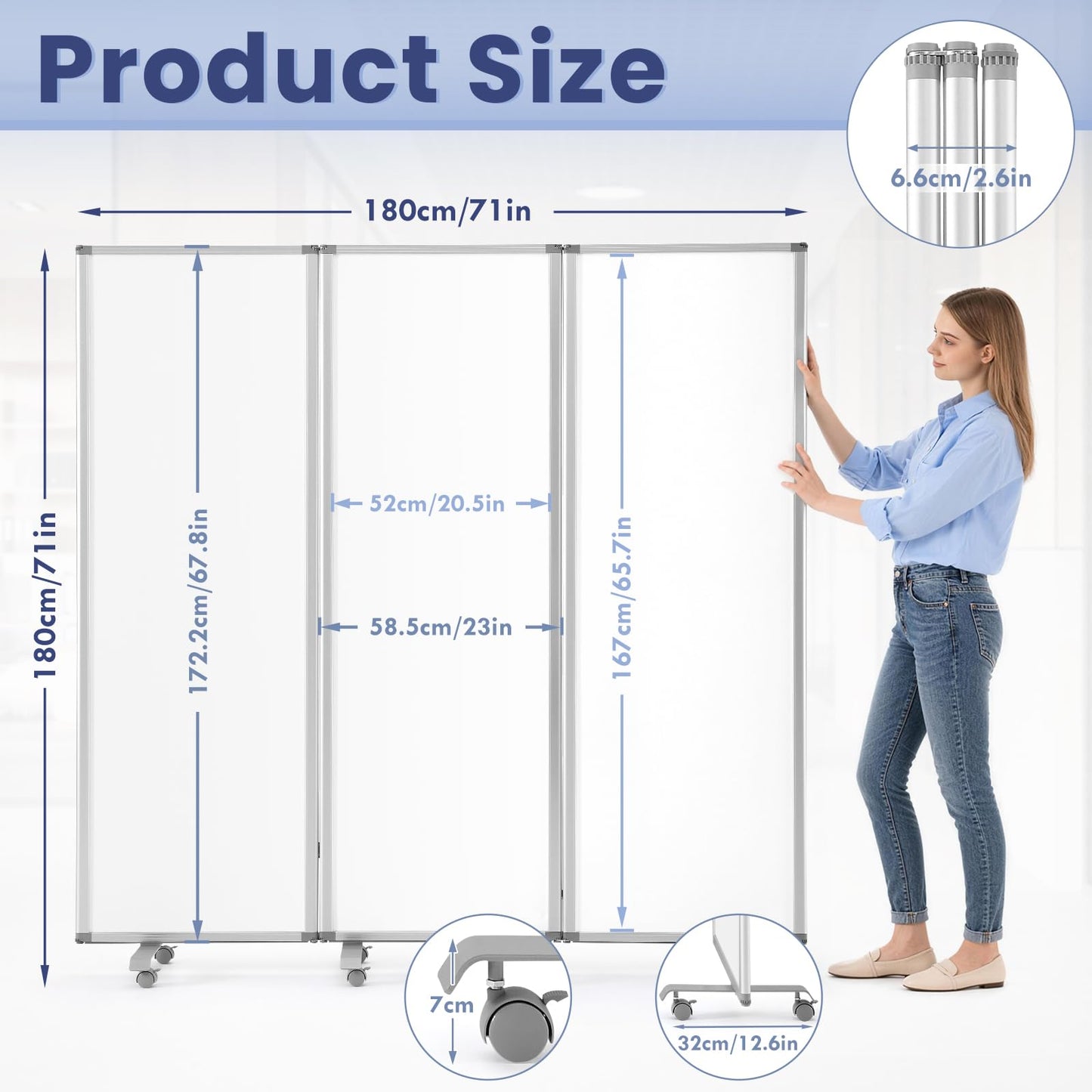 MAKELLO Portable Office Partitions 71" H x 71" W, Freestanding Office Dividers Partition Wall for Room, 3-Panel Trifold Privacy Panel, Magnetic Whiteboard, Aluminum Frame