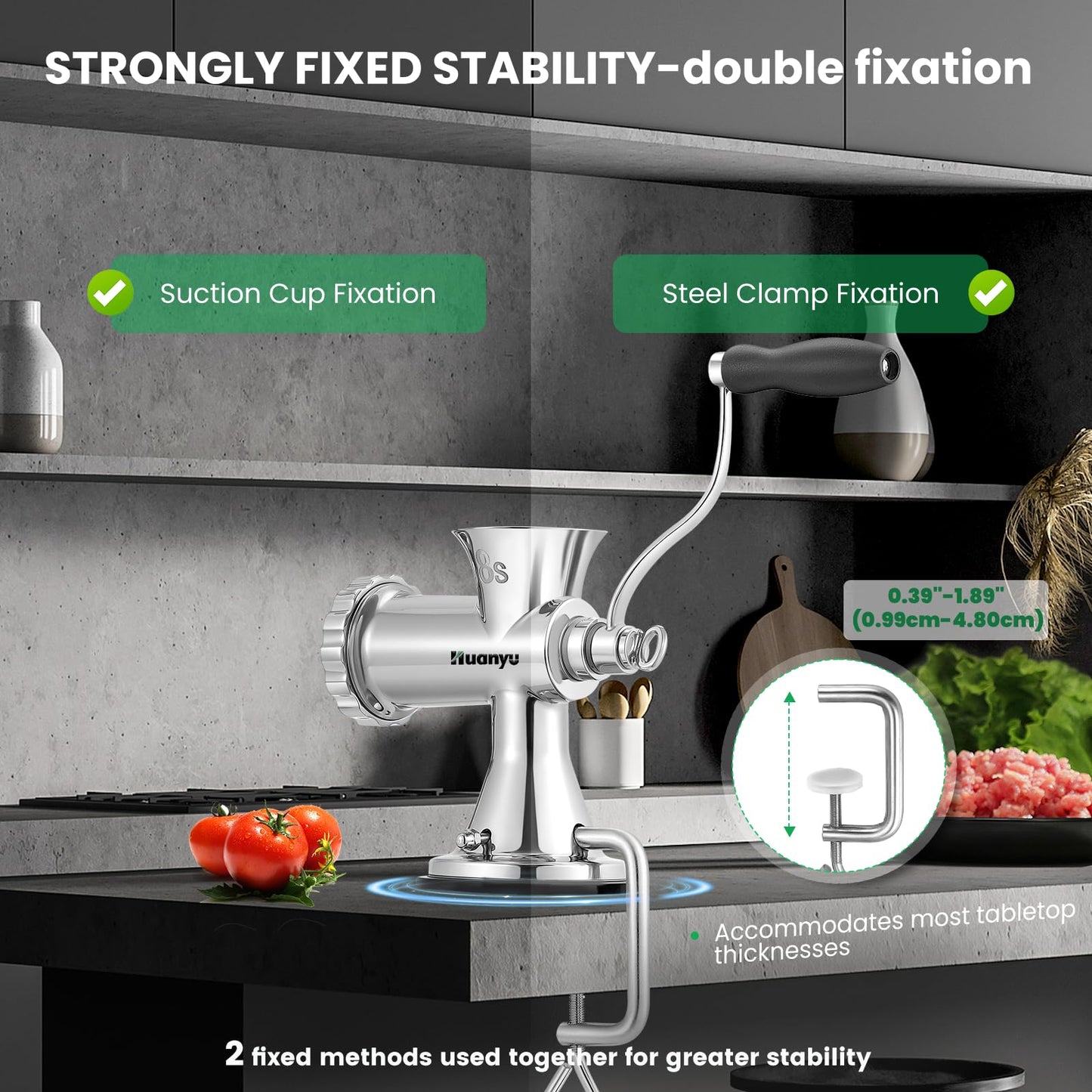 Huanyu Manual Meat Grinder - Heavy Duty Stainless Steel, Effortless Hand Crank for Fresh Ground Beef, Sausages & Pet Food - Compact, Dishwasher Safe - Perfect for Home Restaurant & Outdoor