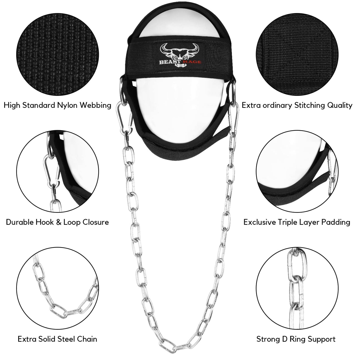 BEAST RAGE Neck Harness for Men, Long Steel Chain 30 inches Weightlifting Head Trainer Adjustable Strap Workout Muscle Strengthener Gym Training Ladies Chin Weight Training Padded Support (Black)