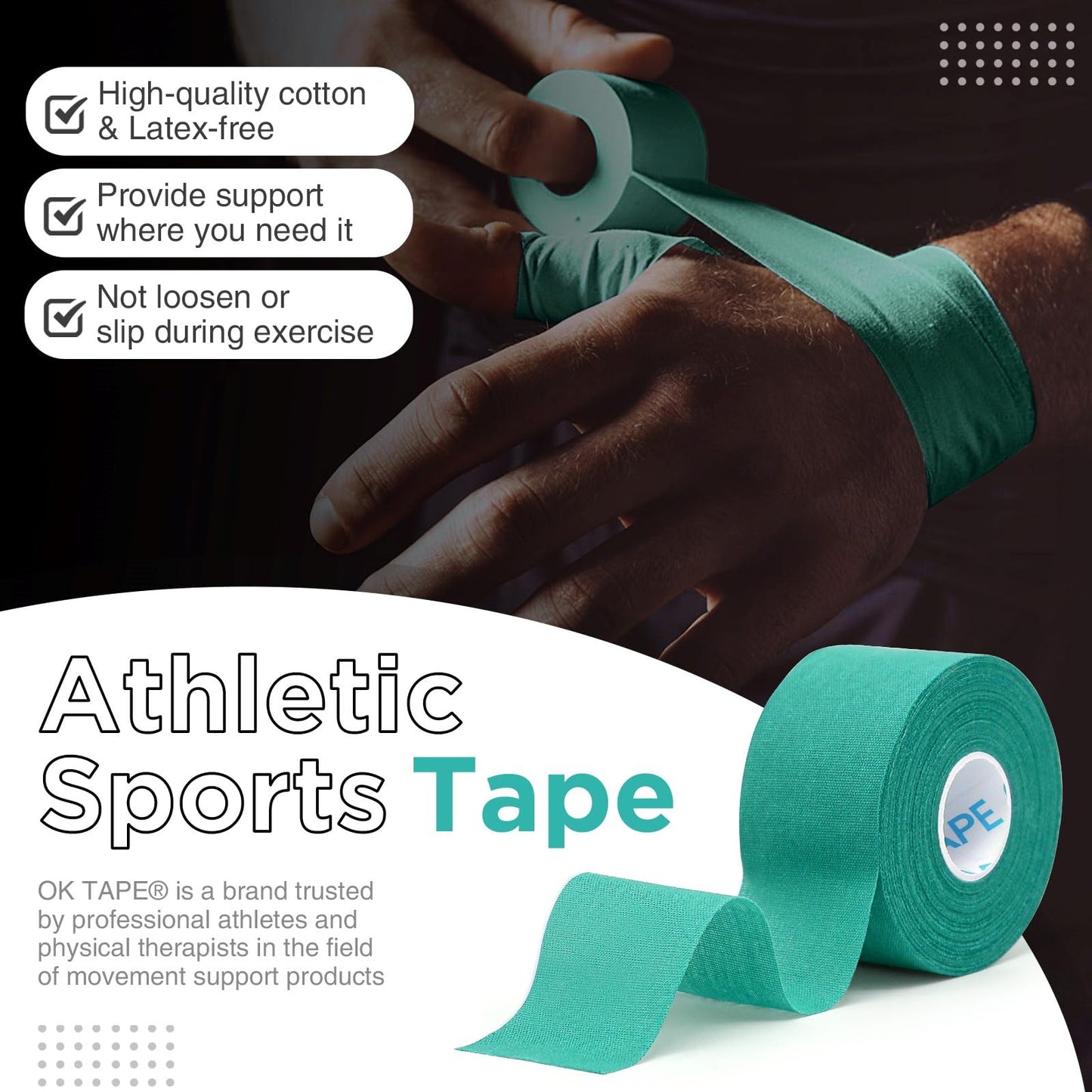 OK TAPE 4 Rolls Athletic Tape, Sports Tape for Injuries, Rigid, Easy Tear Medical Tape, Wrist Tape, No Sticky Residue | Secure Ankle, Finger, Knee- 1.5inch x 15yards (Teal Blue)