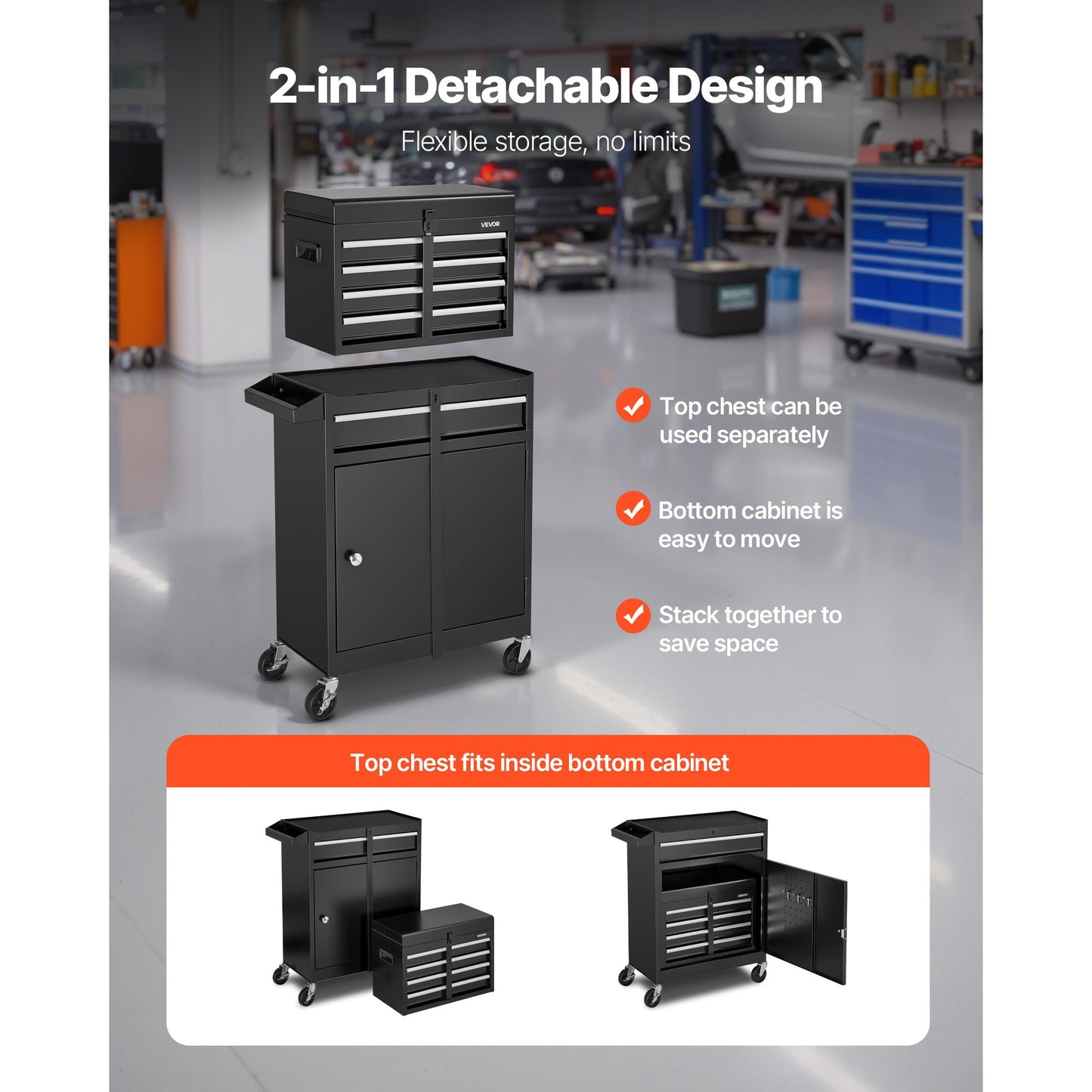 VEVOR Rolling Tool Chest, 2-in-1 Design, 5 Drawers Tool Cabinet Organizer with Detachable Top Metal Toolbox, Lock Bar, Protective Liner, and Tools Rack, Garage Storage Cabinet for Warehouse, Workshop