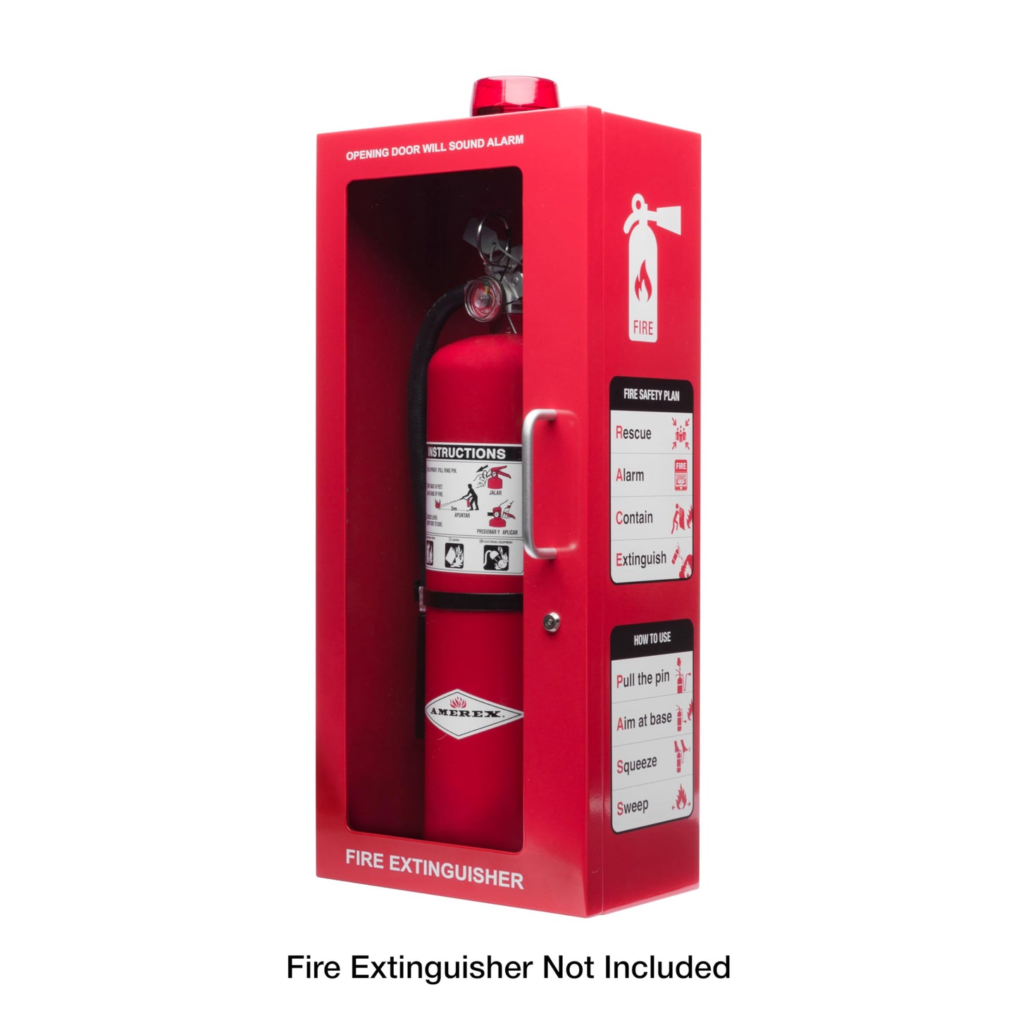 10 lb Fire Extinguisher Cabinet with Alarm, Lock, & Breakable Acrylic Window | Wall or Surface Mount | Fits 5 lb and 10 lb Extinguishers | Fire Safety Instructions Included (10 lb) (Red)