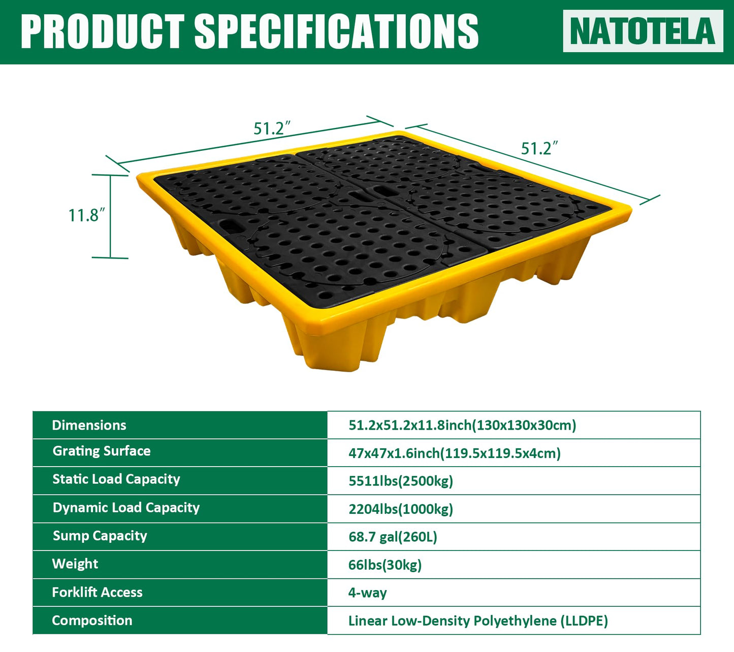 Natotela 4 Drum Large Capacity Spill Containment Pallet Platform with Drain and Forklift Pockets 69 Gallon Sump 51.2x51.2x11.8in 5511 lbs Load Spill Pallet LDPE Containment Tray for Industrial Storage