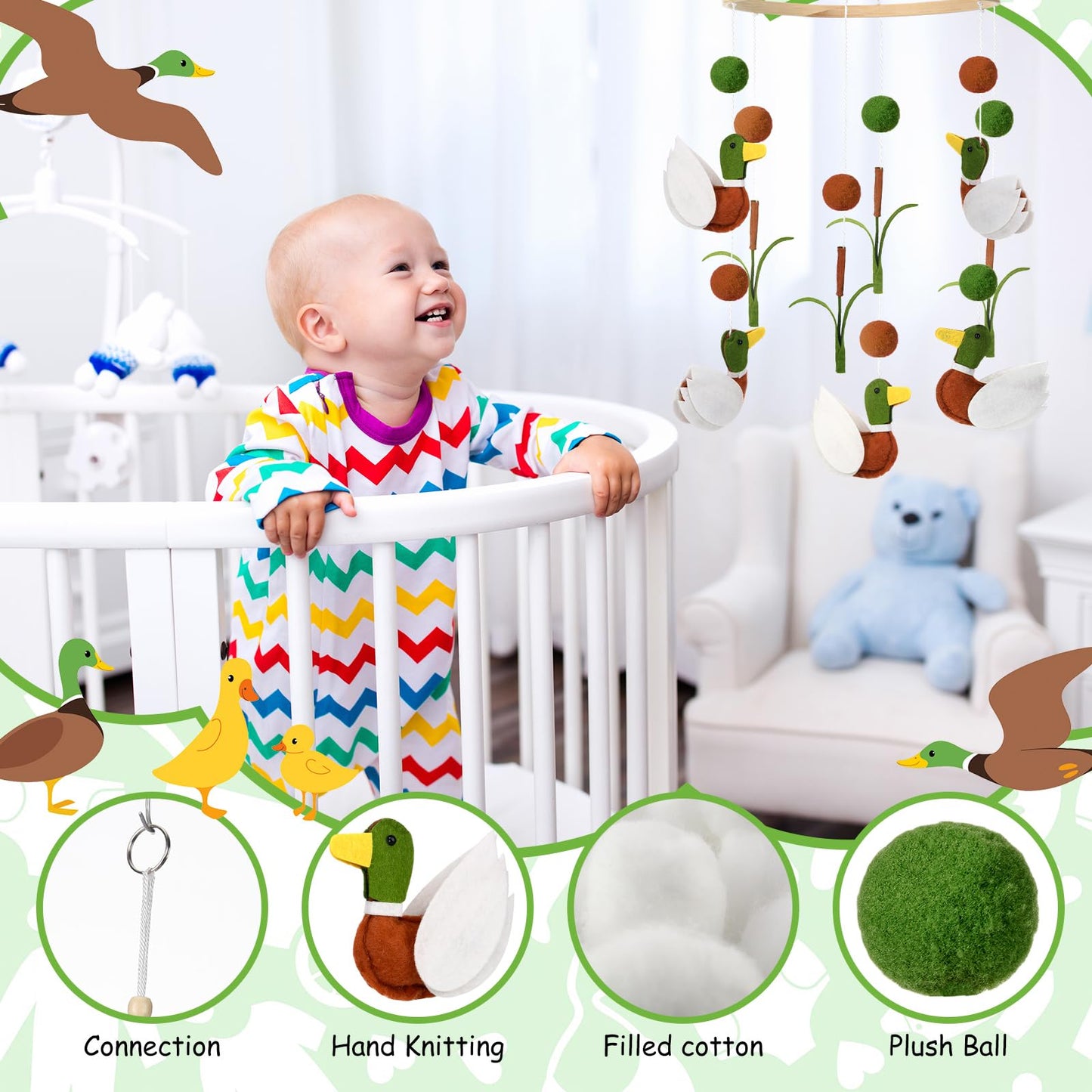 Sonwyoung Mallard Duck Baby Mobile for Crib Nursery Felt Wooden Wild Mallard Duck Hanging Decor for Infant Mobile Crib Newborn Gift for Boys Girls Stuff Neutral