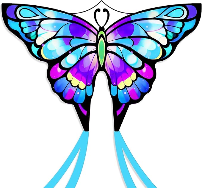 Simxkai Butterfly Kite for Kids & Adults, Easy to Fly Blue Big Kite for Beginners, Line Handle Included (1Pack 2Pack)