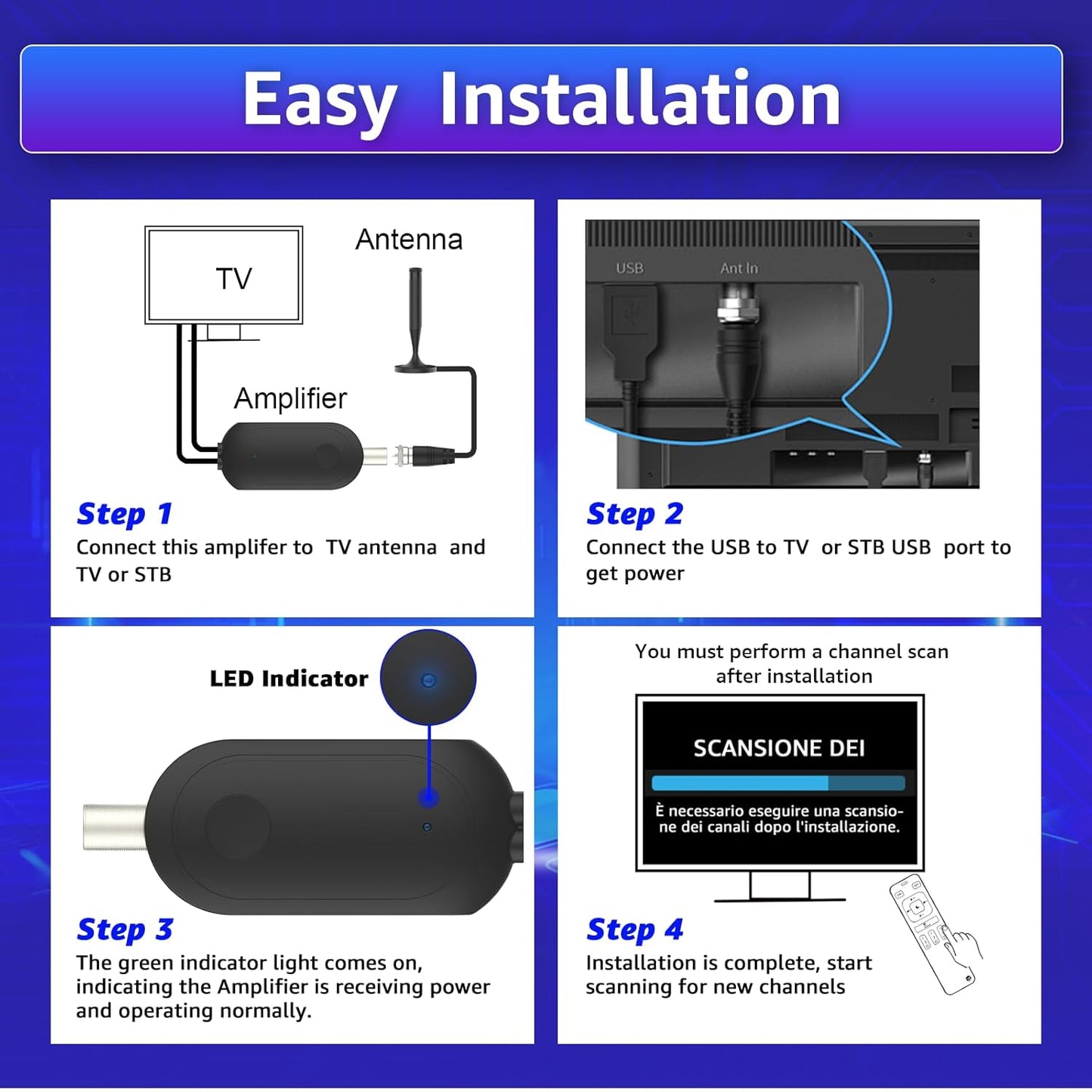 AtomDream Tech 4K 8K 1080P 1M 0.3M TV Antenna Amplifier Signal Booster with USB Power Improves Weak Signal Reception