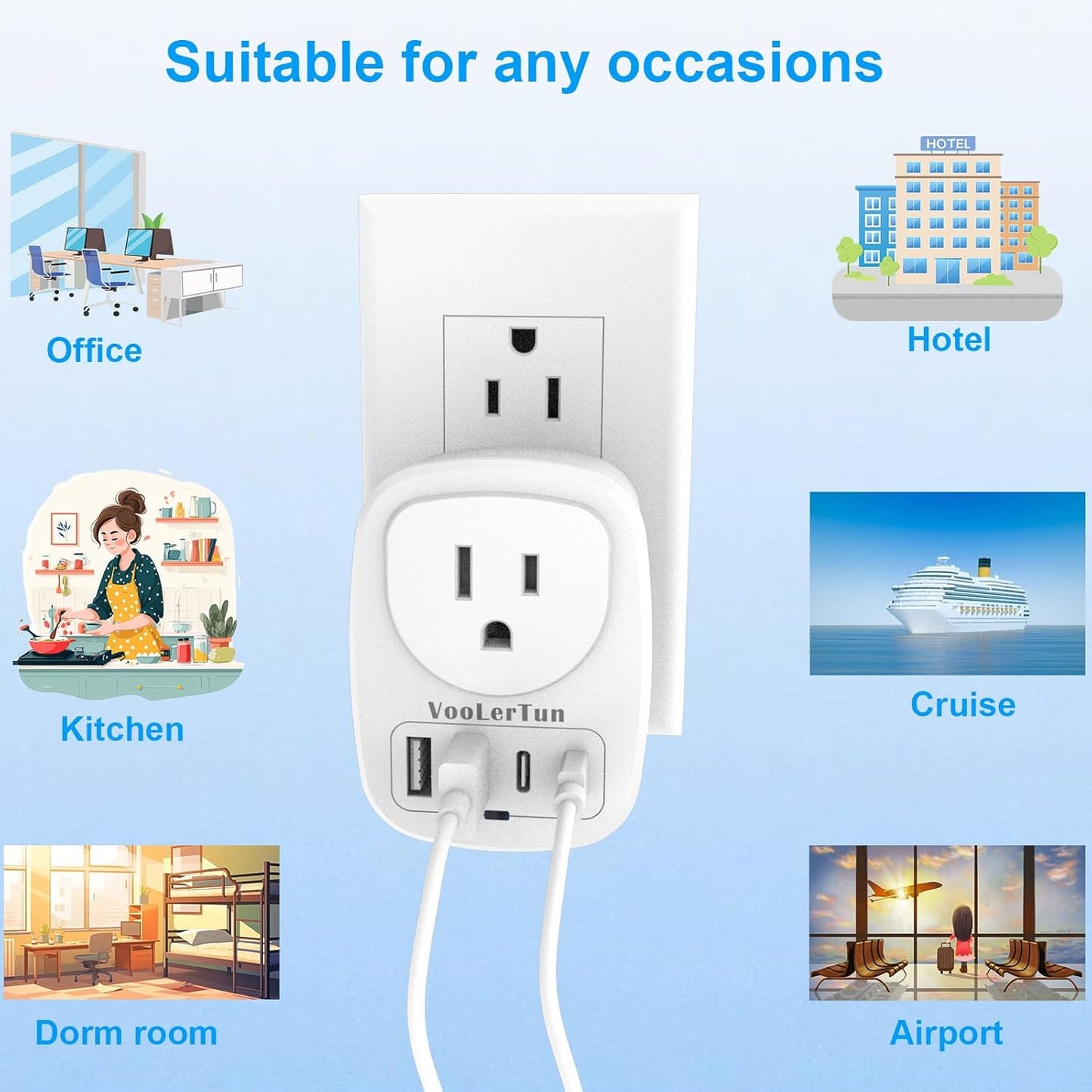 VooLerTun 2 Pack Outlet with USB Ports Cruise Approved Power Strip Wall Outlet Extender Splitter, USB Outlet Plug