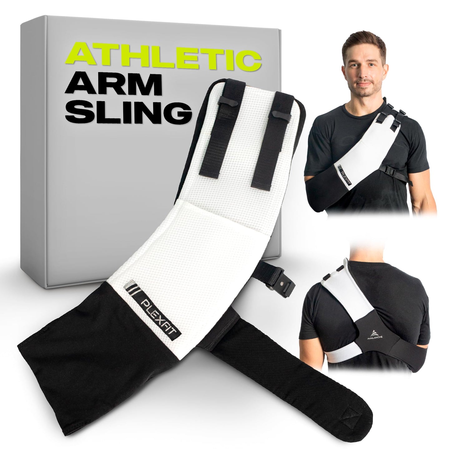 PLEXFIT Athletic Arm Sling Class A Medical Device - Shoulder Sling Immobilizer for Injury Support - For Elbow & Wrist Too - Men & Women (Large Left, White & Black)