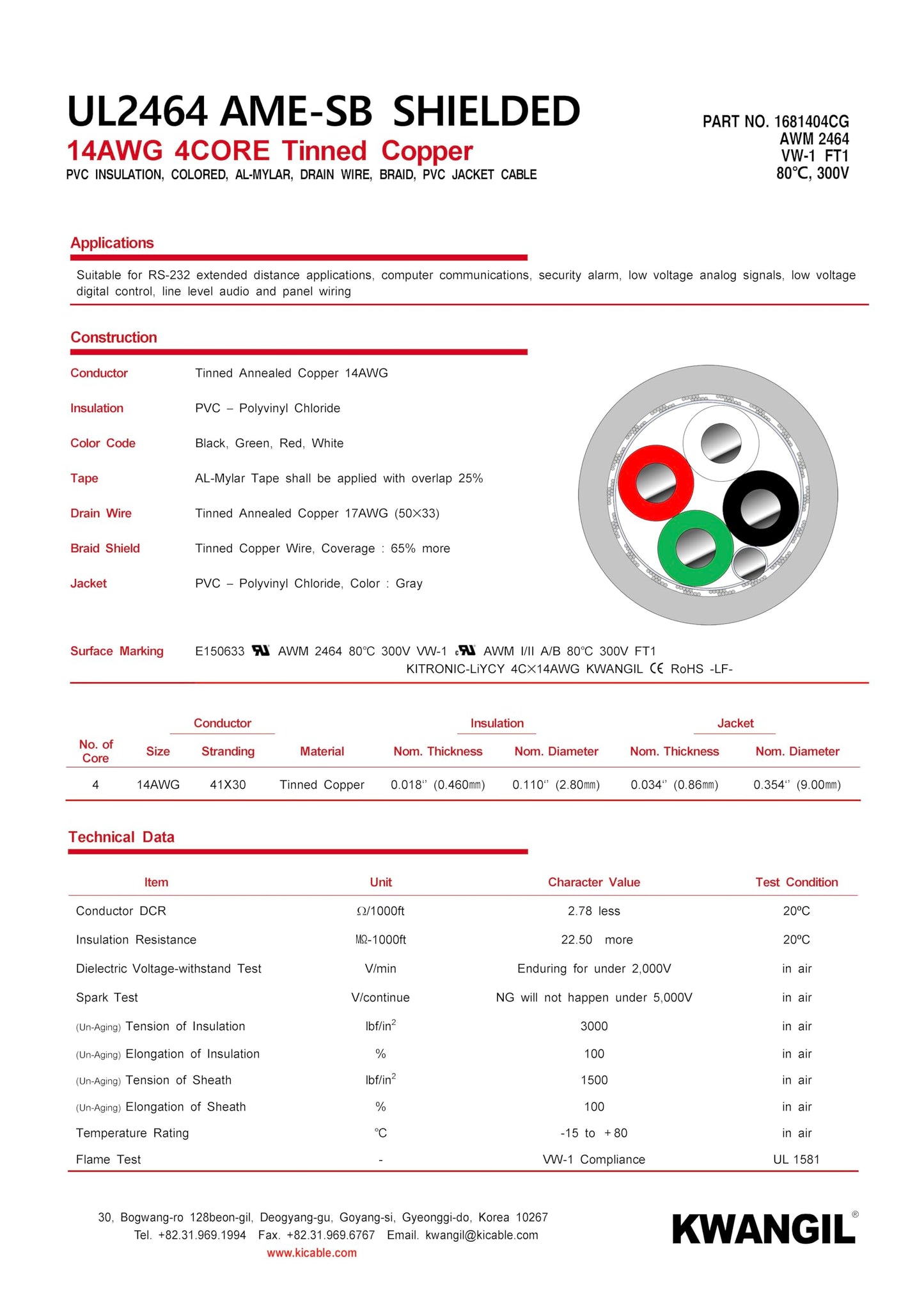 KWANGIL 4C 14AWG AMESB Shielded Cable Wire (UL2464) - Flexible Str TC, PVC Ins, OS+Drain+TC BRD, PVC JKT for CNC Machine, Stepper Motor, VFD Spindle (Gray 100FT)