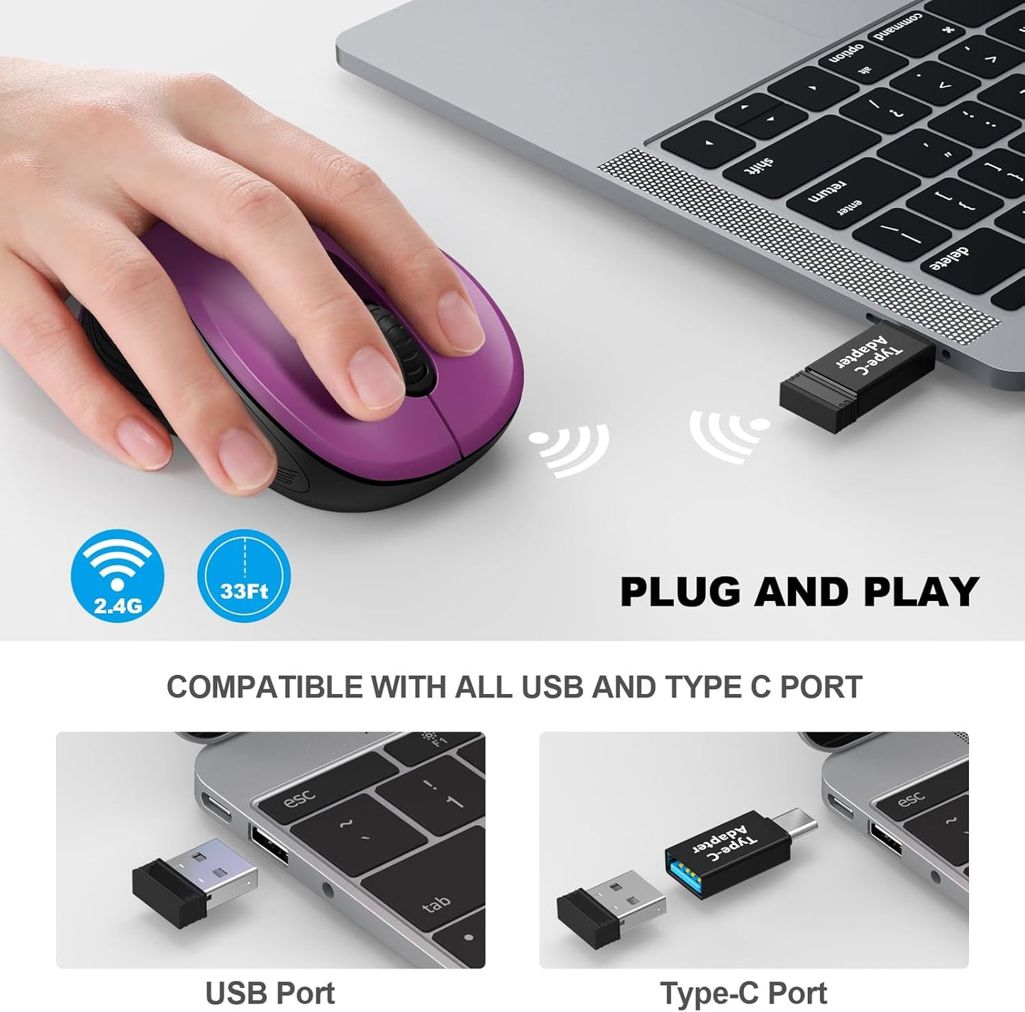WisFox 2.4G 3 6 Wireless Mouse for Laptop, Ergonomic Computer Mouse with USB Receiver and Type-C Adapter, Adjustable