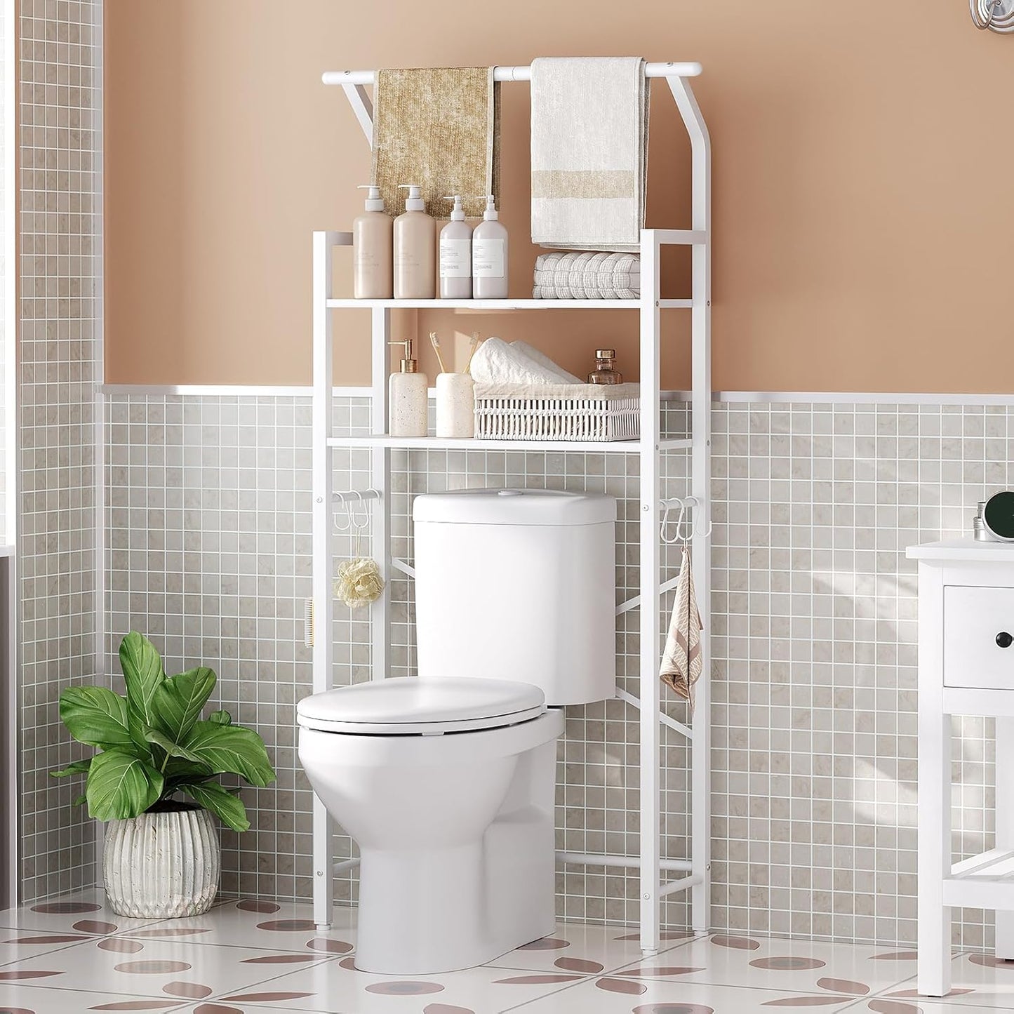 YATINEY 2-Tier Over The Toilet Storage, Multifunctional Vertical Over Toilet Bathroom Organizer, Freestanding Bathroom Storage Shelves with Hooks, Bathroom Organizer, Rustic Brown and Black TR01WT