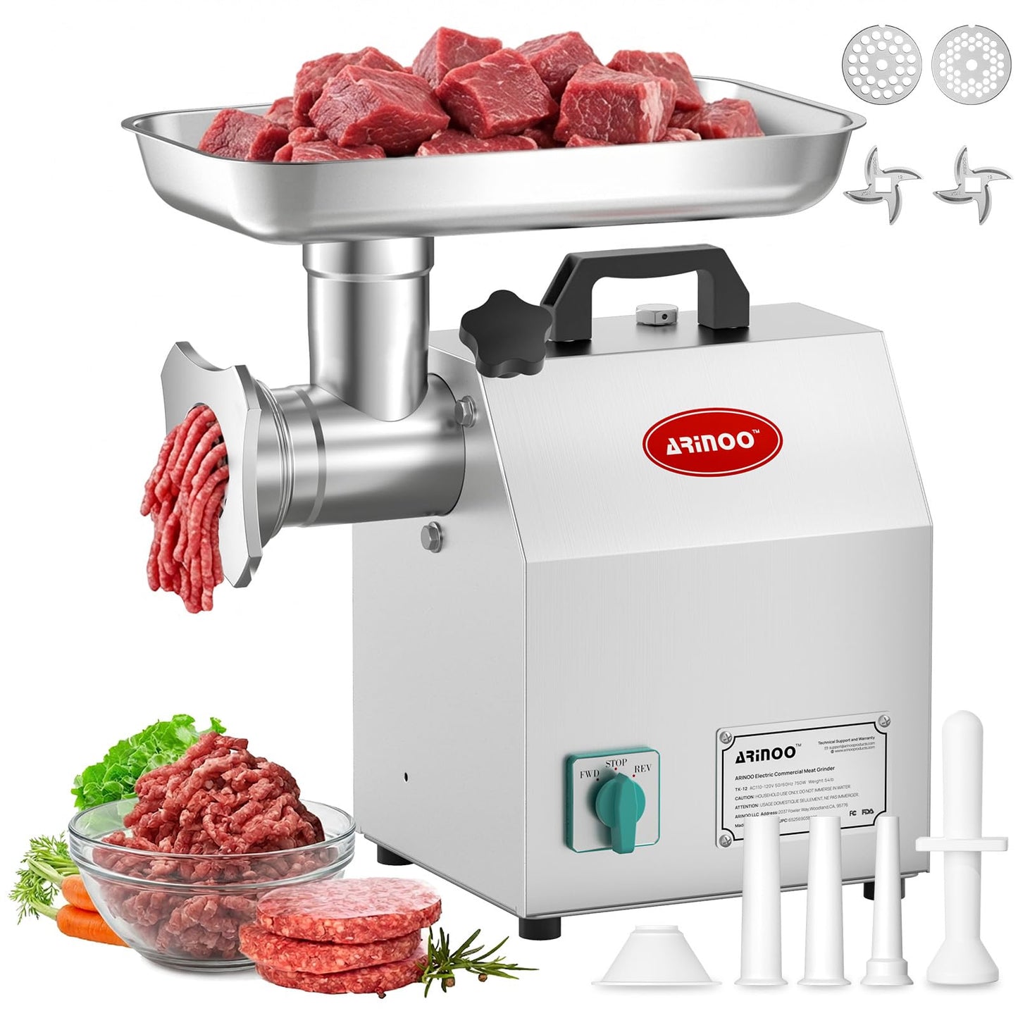 ARINOO #12 Commercial Meat Grinder,1.0HP Professional Electric Meat Mincer,Heavy Duty Stainless Steel Sausage Stuffer with 2 Blades,3 Stuffing Tubes for Kitchen,restaurant,Small-Batch Processing Farms