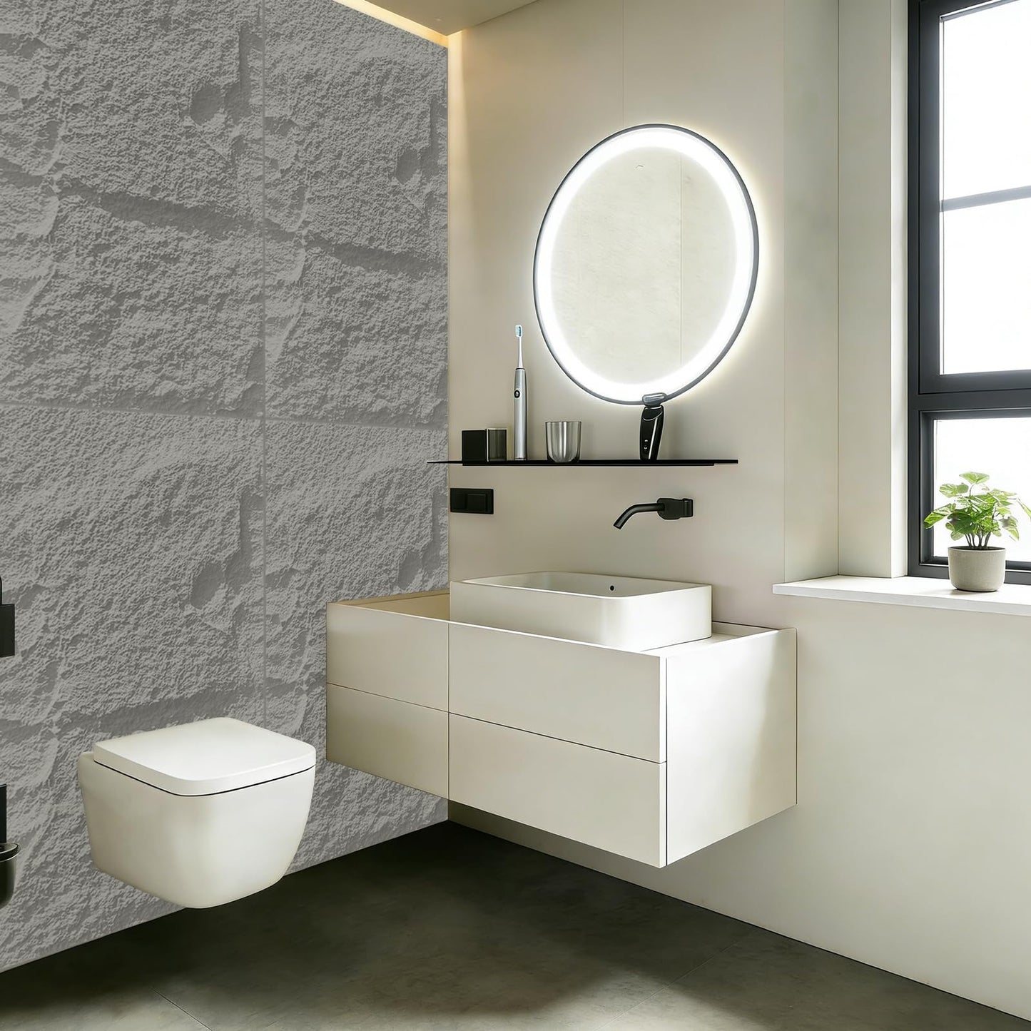 3D Faux Stone Wall Panels, 1.18" wall Panels for Interior wall Decor, 4 PCS PU Wainscoting Panel， Cement Texture， Thicker Accent， for Living Room, Office, 47.2" x 23.6" (Light Gray)