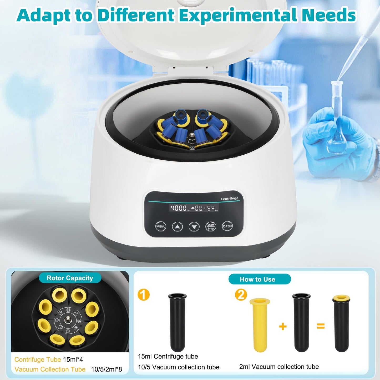 Lab PRP Benchtop Centrifuge Machine, Digital Desktop Lab Centrifuge 8x2ml/5ml/10ml/4x15ml Capacity Test Tubes, Timer 30sec-60min, Digital Speed 500-4000RPM, Max1717xg RCF for Various Lab Applications