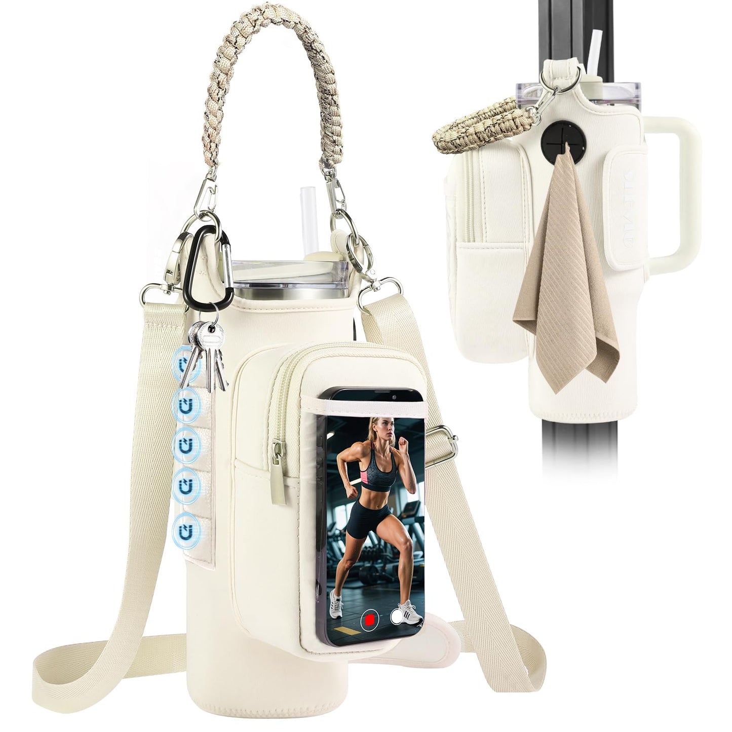 Magnetic Gym Bag for Men Women, Water Bottle Carrier Holder with Strap for Stanley, Small Bag Accessories pouch with N52 (White)