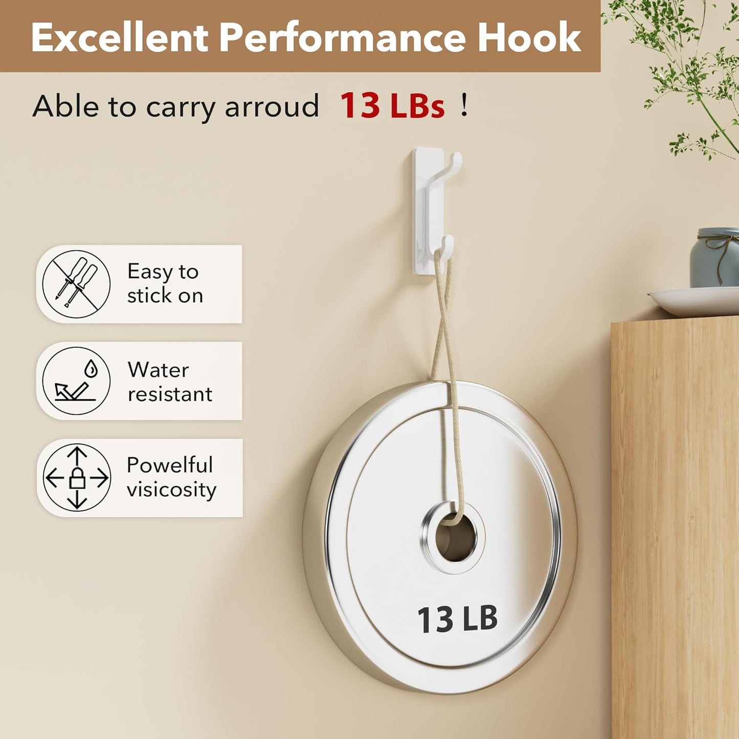 Pickpiff Wall Hooks - 13LB Strong Adhesive Coat & Towel Hangers | White 4-Pack for Easy Organization