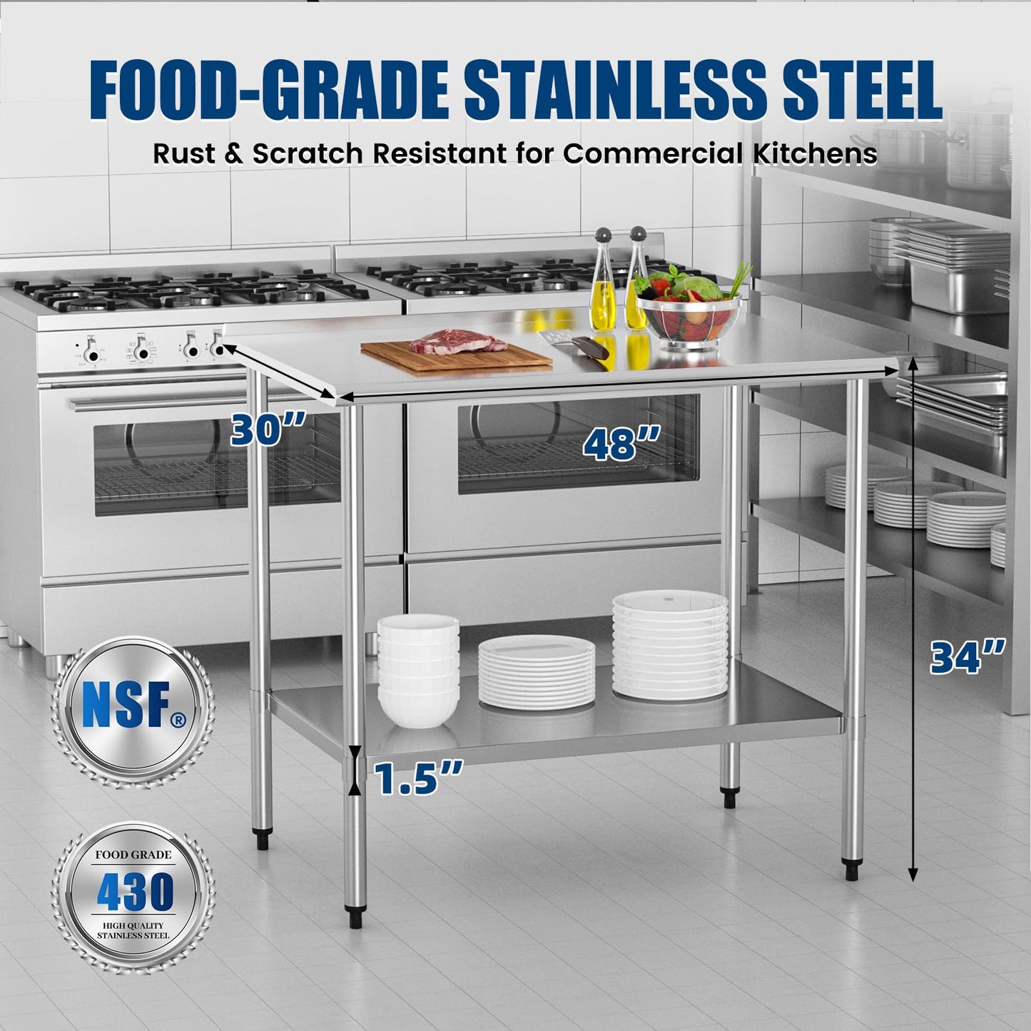 Chingoo Stainless Steel Work Table 30x48 Inch with Adjustable Undershelf & Backsplash, Heavy-Duty Prep Table for Commercial Kitchen, Restaurant, Garage, Outdoor