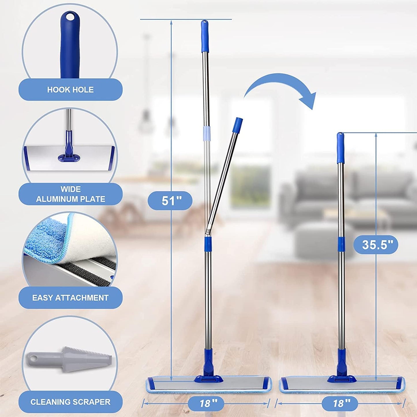 Skiennix 18" Professional Microfiber Mop - Flat Mop with Stainless Steel Handle & 4 Reusable Pads