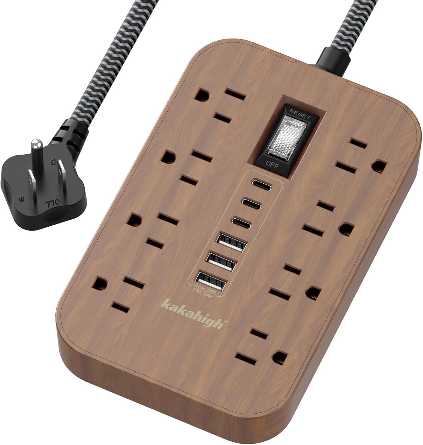 kakahigh 5 1625W 8 6 Walnut Power Strip with USB Ports - FT Wood Power Strip, Decorative Extension Cord with AC Outlet