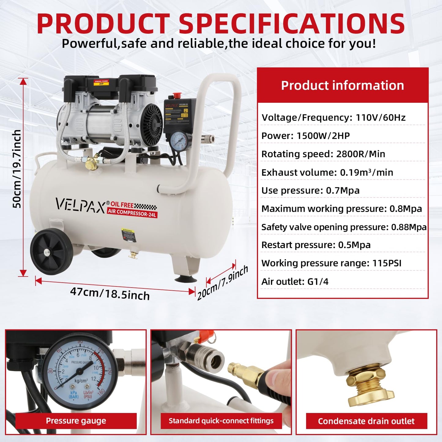 Ultra Quiet Air Compressor, Only 60dB, 6.4 Gallon Tank, Oil-Free, 110V/60Hz 2HP, 6.71CFM@115PSI, Air Compressor Perfect for Spray Painting, Auto Repair, Tire inflation, Woodwork nailing
