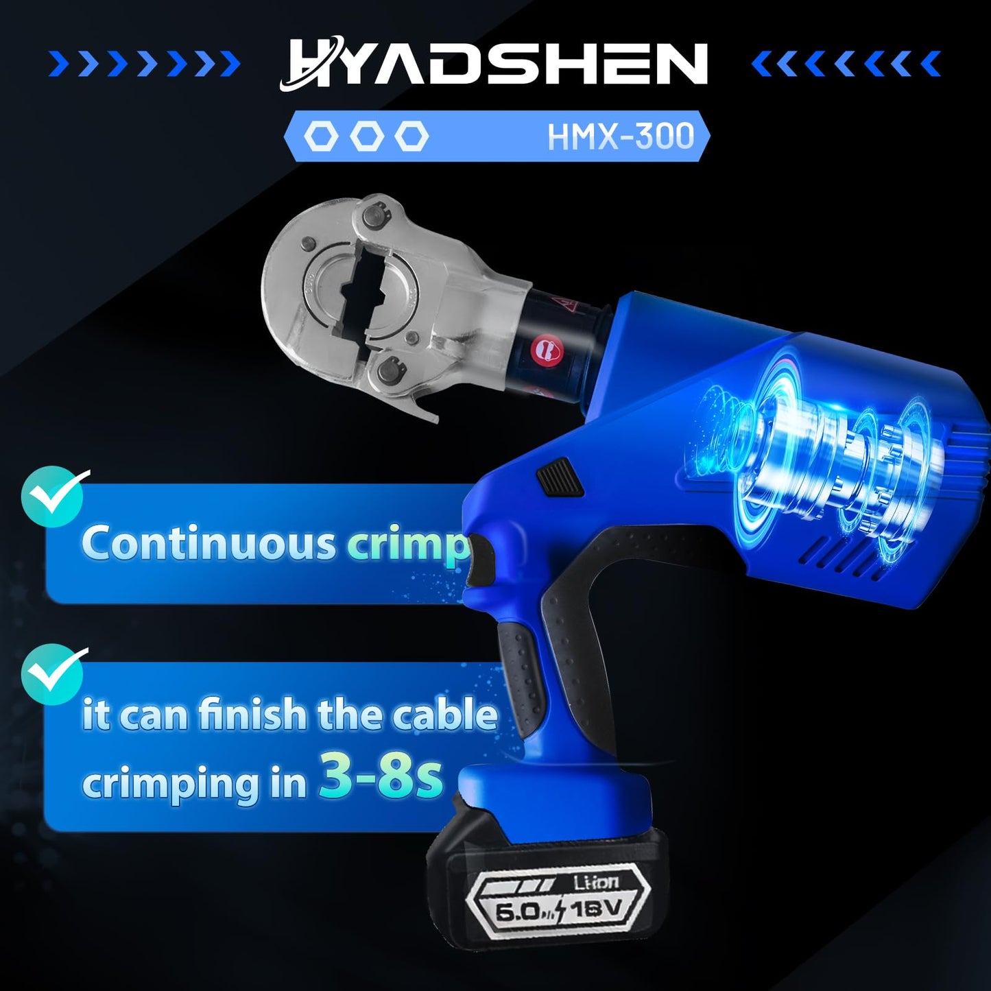 HYADSHEN Electric Hydraulic Cable Lug Crimper Pliers Rechargeable Crimping Tool 6 Ton Electrical Terminal Cable Wire Fiber Crimper Kit with 11 Dies (HMX-300)
