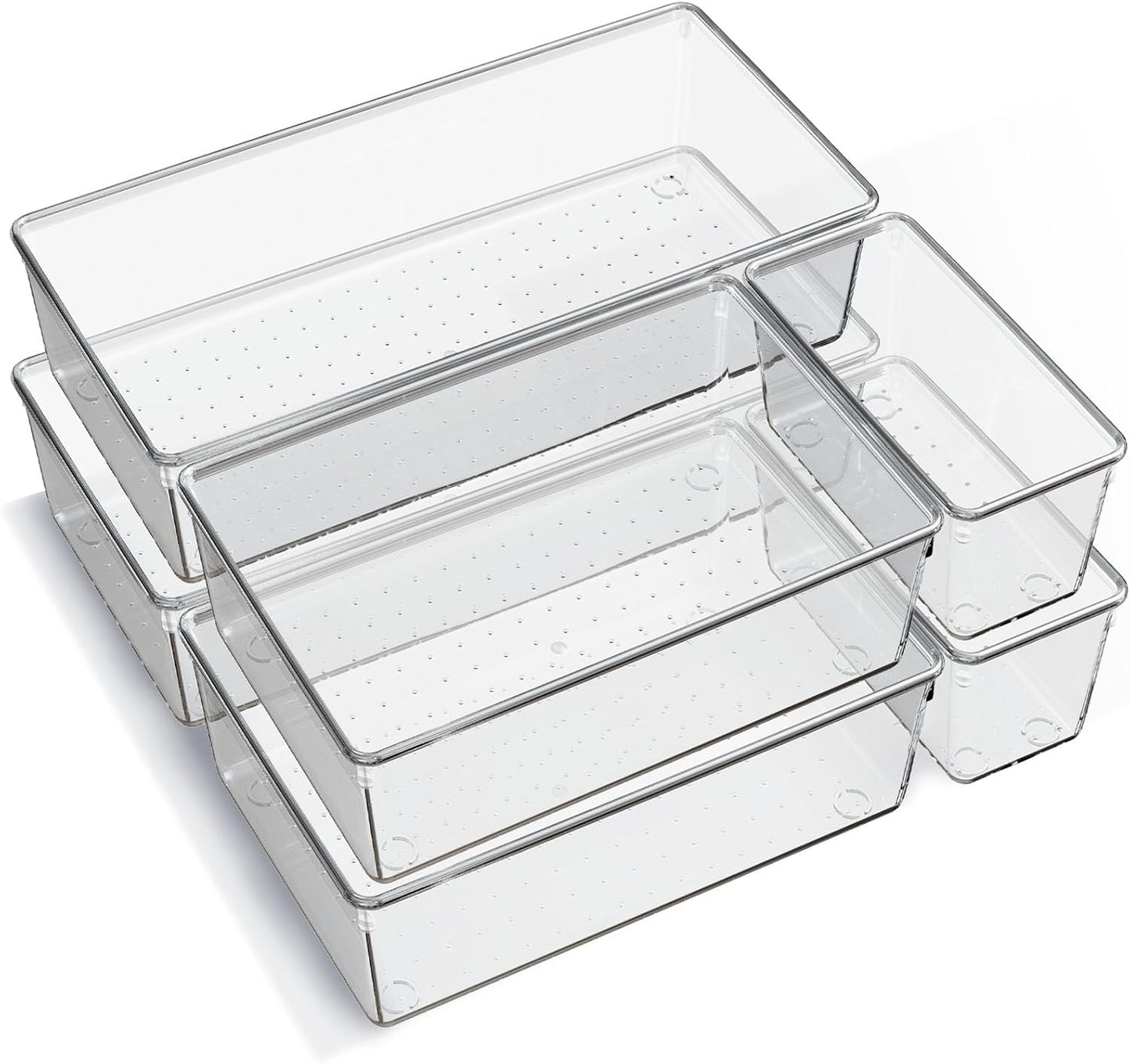 Skiennix 6-Pack Large Clear Plastic Drawer Organizer Trays - Non-Slip Storage Bins for Makeup, Kitchen Utensils & More