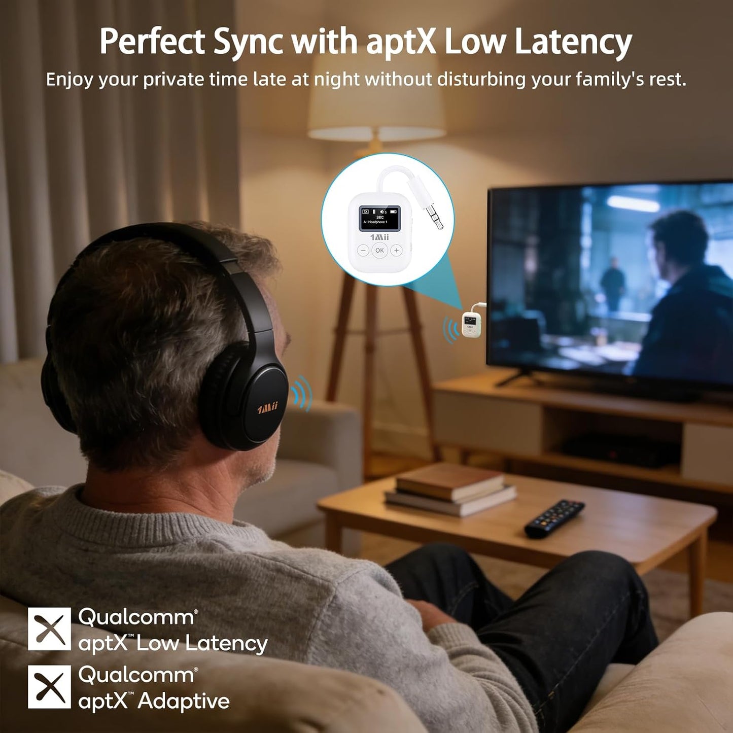 1Mii 5.3 2 25H 3.5mm MP3, Bluetooth Transmitter w/Screen for TV to Headphones, aptX AD/LL/HD Hi-Fi Audio, Playtime, AUX