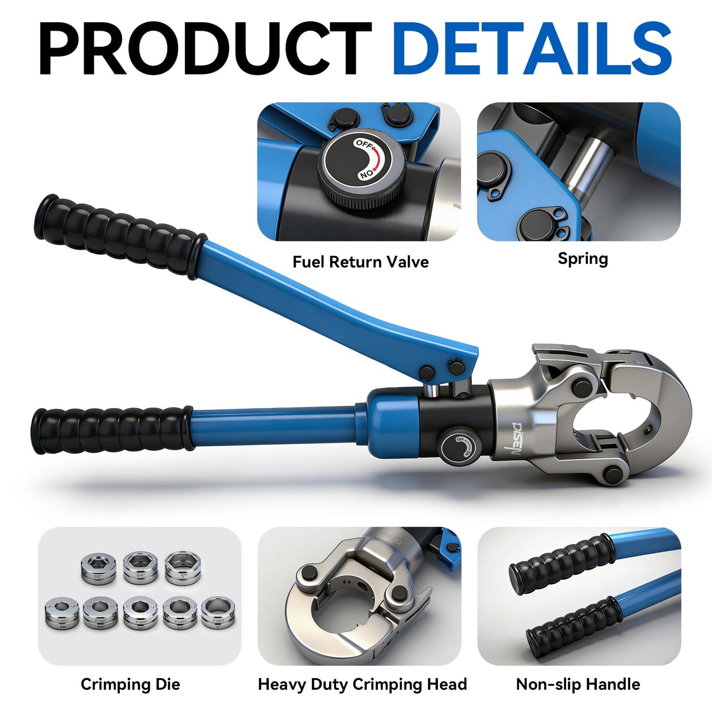 DISEN Hydraulic Copper Pipe Tube Fittings Crimping Tool with Copper Cutter, PEX Tubing Cutter and Copper Ring Removal Tool, Hydraulic Driven Press Tool with 8 Dies for Copper Pipe or PEX Pipe Crimp