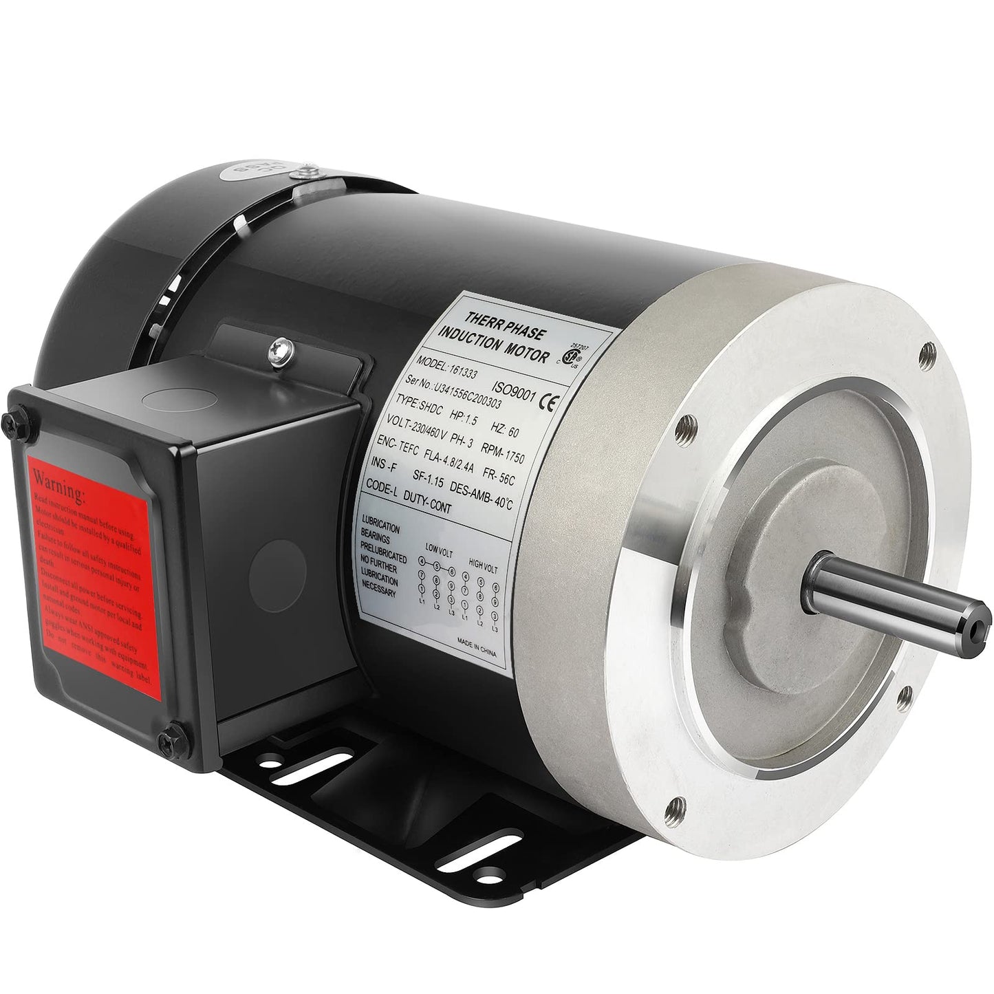 1.5HP Electric Motor 1750 RPM General Purpose Three Phase Motor 5/8" Shaft Diameter 4 Pole 56C TEFC 60HZ 230/460V