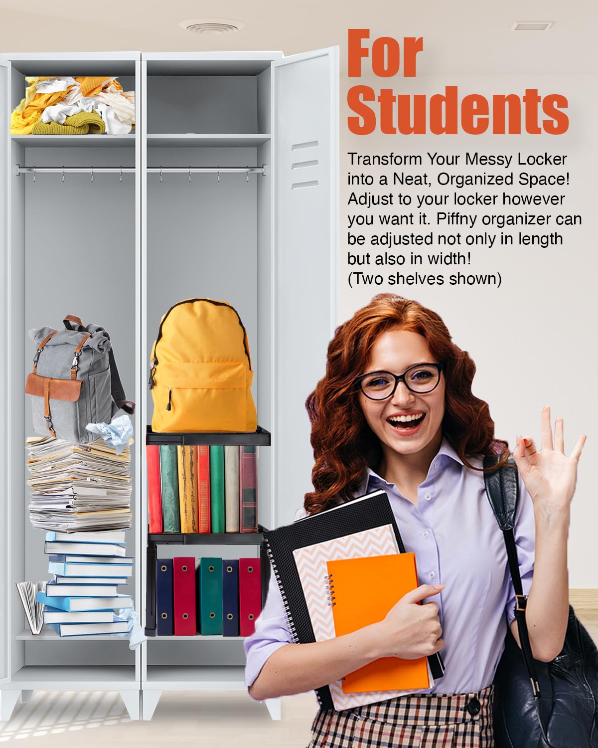 Piffny Locker Organizer Shelf, Adjustable Width and Height, Ideal for School, Office, and Gym Lockers, Pink 2 Pack