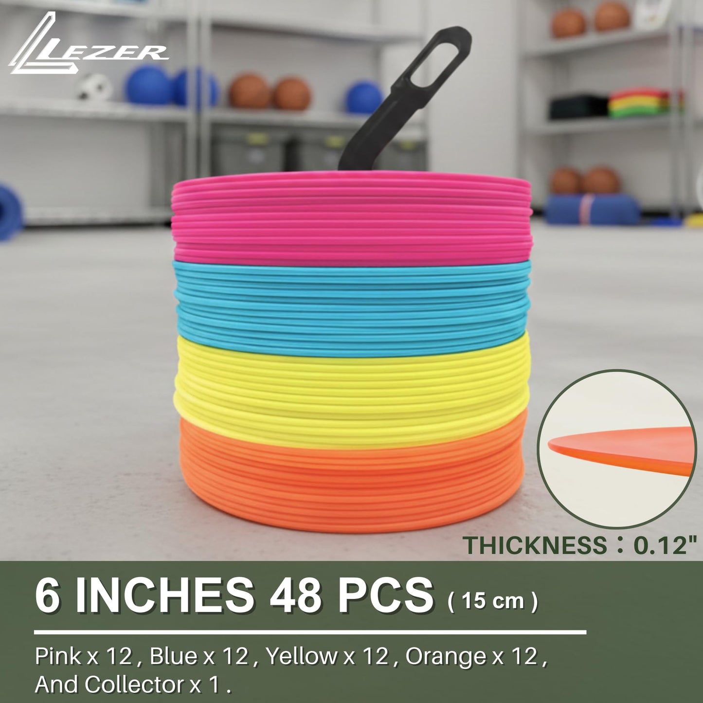 LEZER 6 Inch Flat Cones, Spot Markers, Soccer Cones, Field Court Markers, Sit Spots, Flat Discs, Soccer Training Equipment, Agility Practice, Football, Made in Taiwan, Set of 48