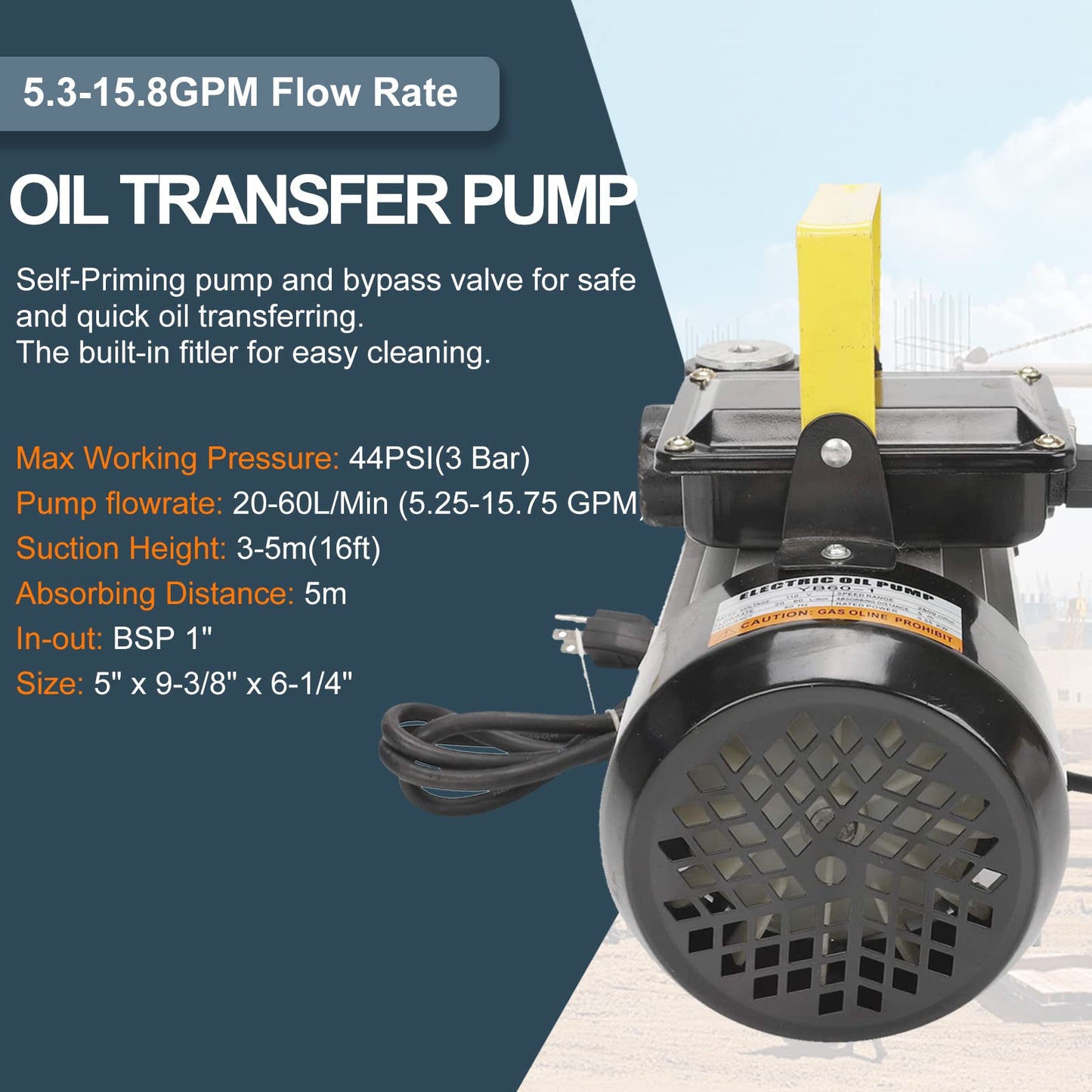 BLACKHORSE-RACING Self Priming 110v Ac 16GPM Oil Transfer Pump Fuel Diesel Kerosene Biodiesel Pump w/Hose & Nozzle