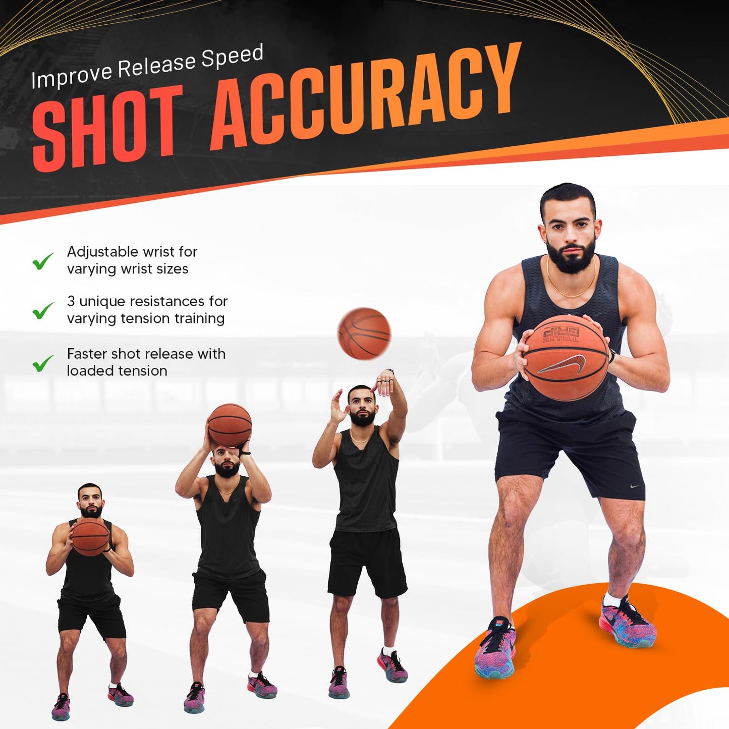 FNBX FlickGlove Basketball Shooting Aid, Training Equipment for Improving Shot and Form, Set of 3 Silicone Strap Resistances, White, Black and Orange