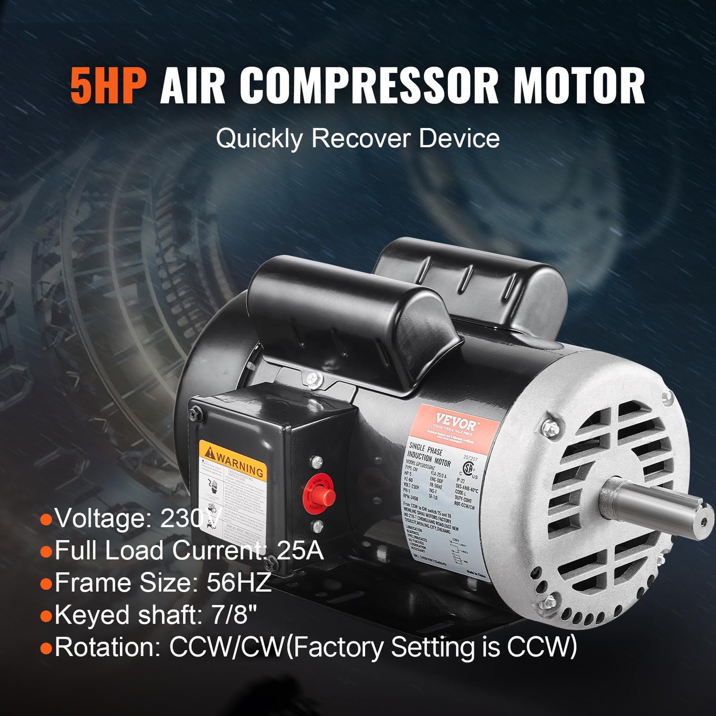 VEVOR 5HP Air Compressor Electric Motor, 230V 25 Amps, 56HZ Frame 3450RPM, 7/8" Keyed Shaft, 2.25" Shaft Length, Single Phase, CCW/CW (Factory Setting is CCW)