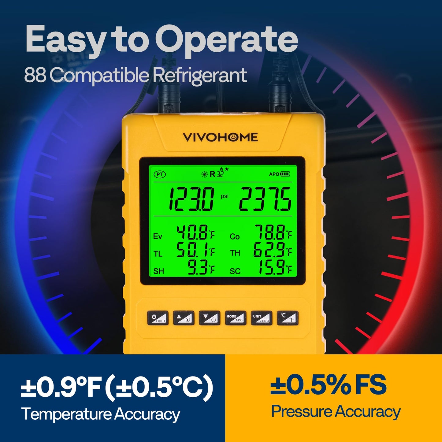 VIVOHOME Digital HVAC Manifold Gauge Set, Refrigeration AC Gauges with 2 Wired Temperature Clamp Probes and 3 Hoses, Pressure and Temp Test, for R134a R410a R32 R1234yf R454B Refrigerant Recharge Kit