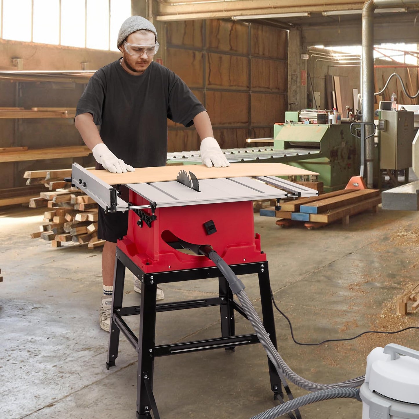 GarveeTech Table Saw, 10 in 15A Multifunctional Saw With Stand & Push Stick, 90° Cross Cut & 0-45° Bevel Cut, 5000RPM, Adjustable Blade Height for Woodworking, Red