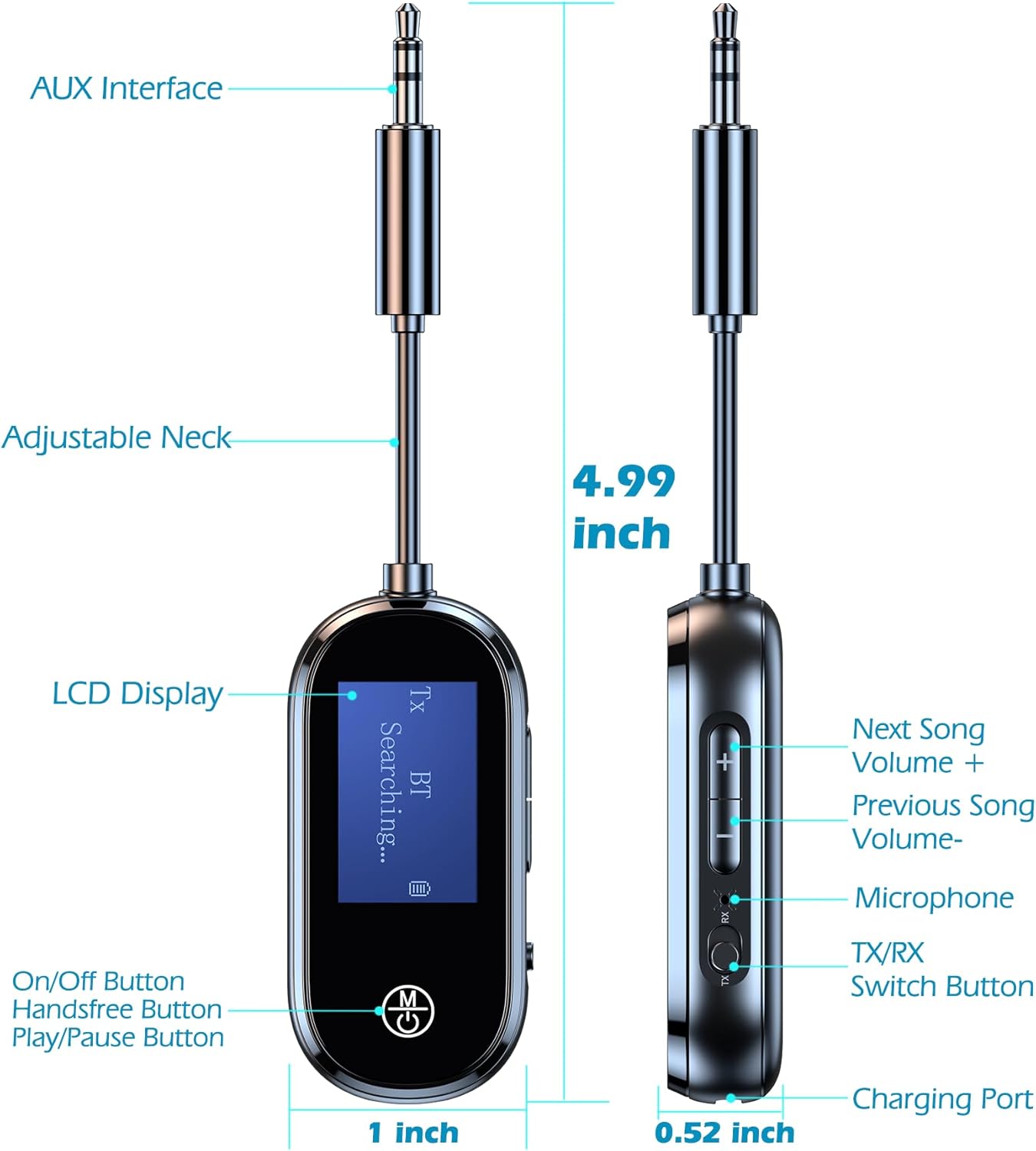 KAIY 2 1, Bluetooth Transmitter Receiver in Low Latency AUX Adapter with LCD Screen, Airplane Bluetooth Adapter