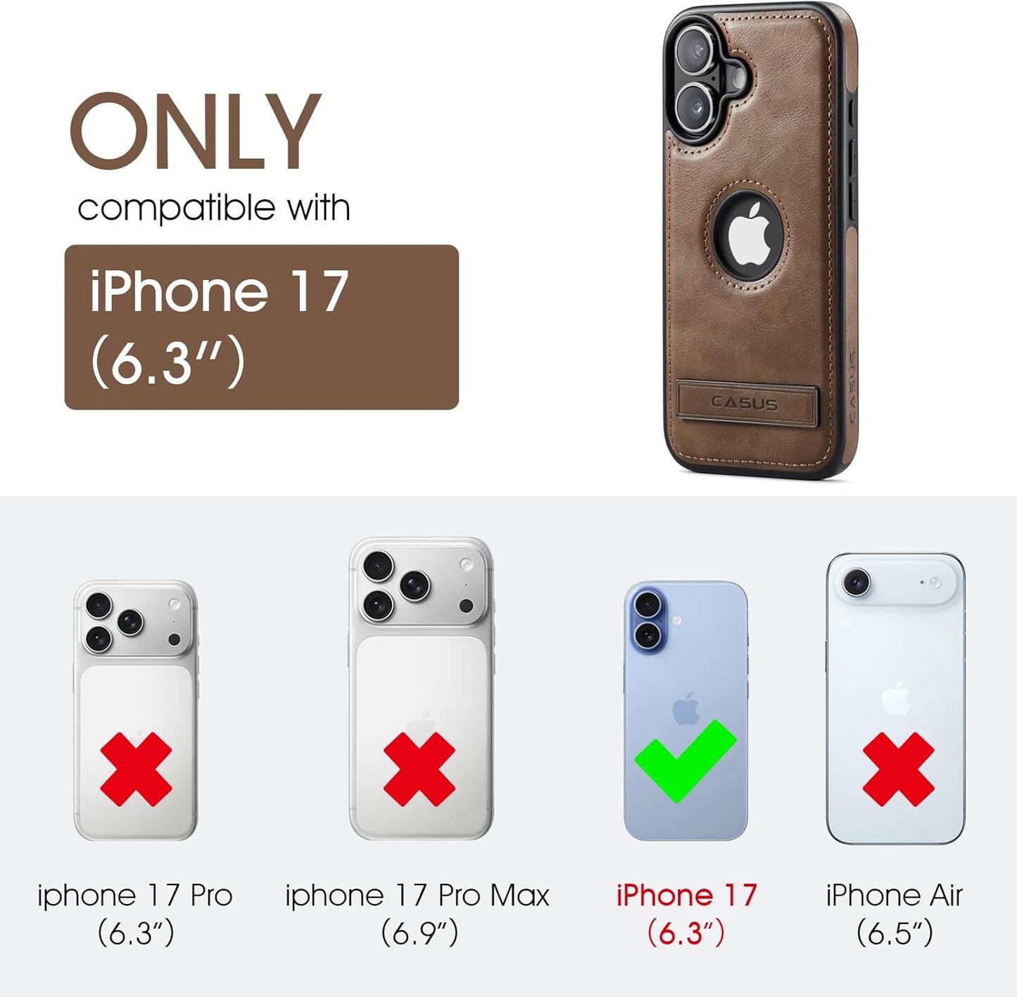C Casus 17 6.3 Inch (2025), Casus for iPhone Case with MagSafe, Slim Kickstand Vegan Leather Protective Cover