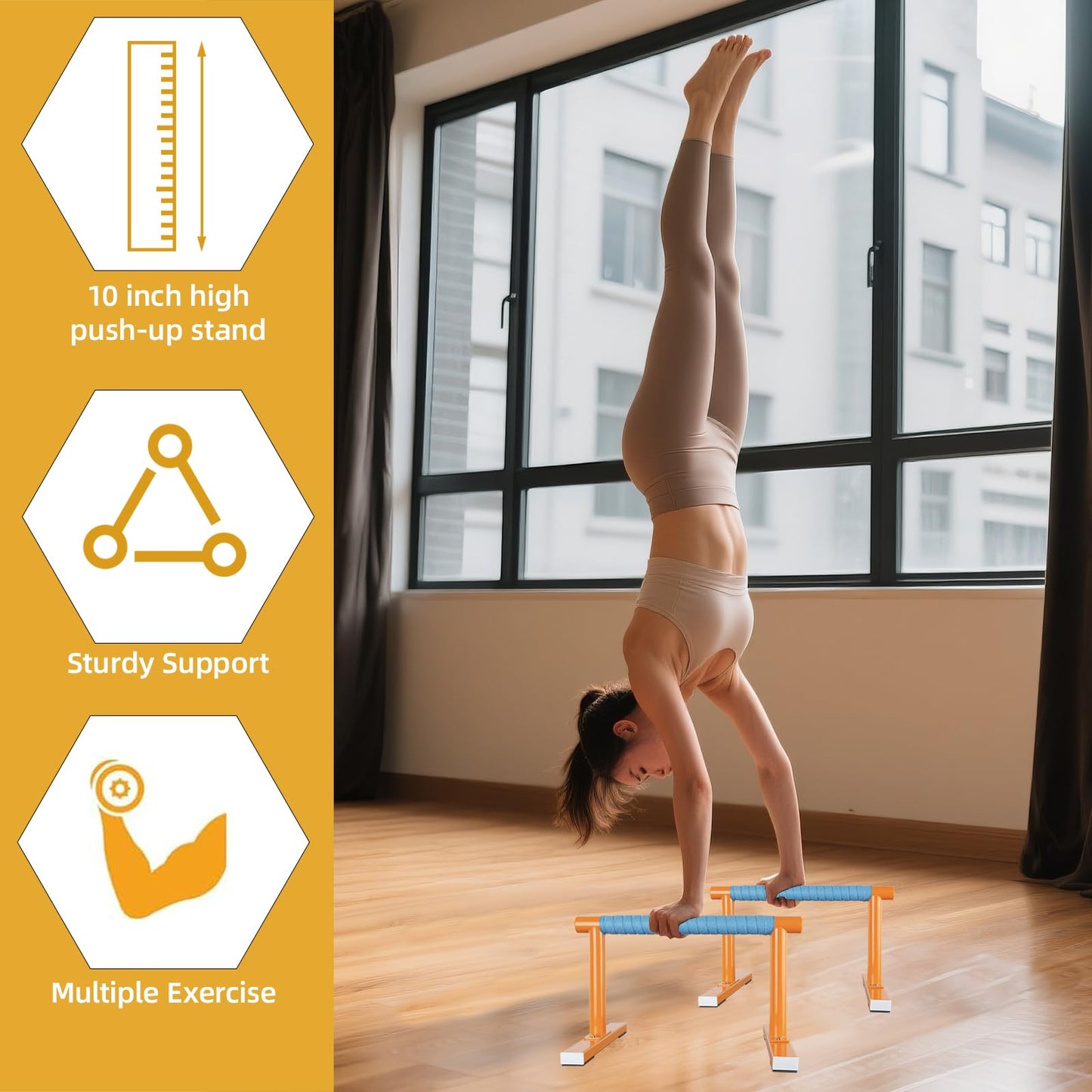 Purife Orange Strength Training Parallettes Push Up Bars, Pushup Handles Calisthenics Equipment for Home Workout, Anti-slip Gymnastics Bars, Handstand & Dip Bar for Outdoor Exercise