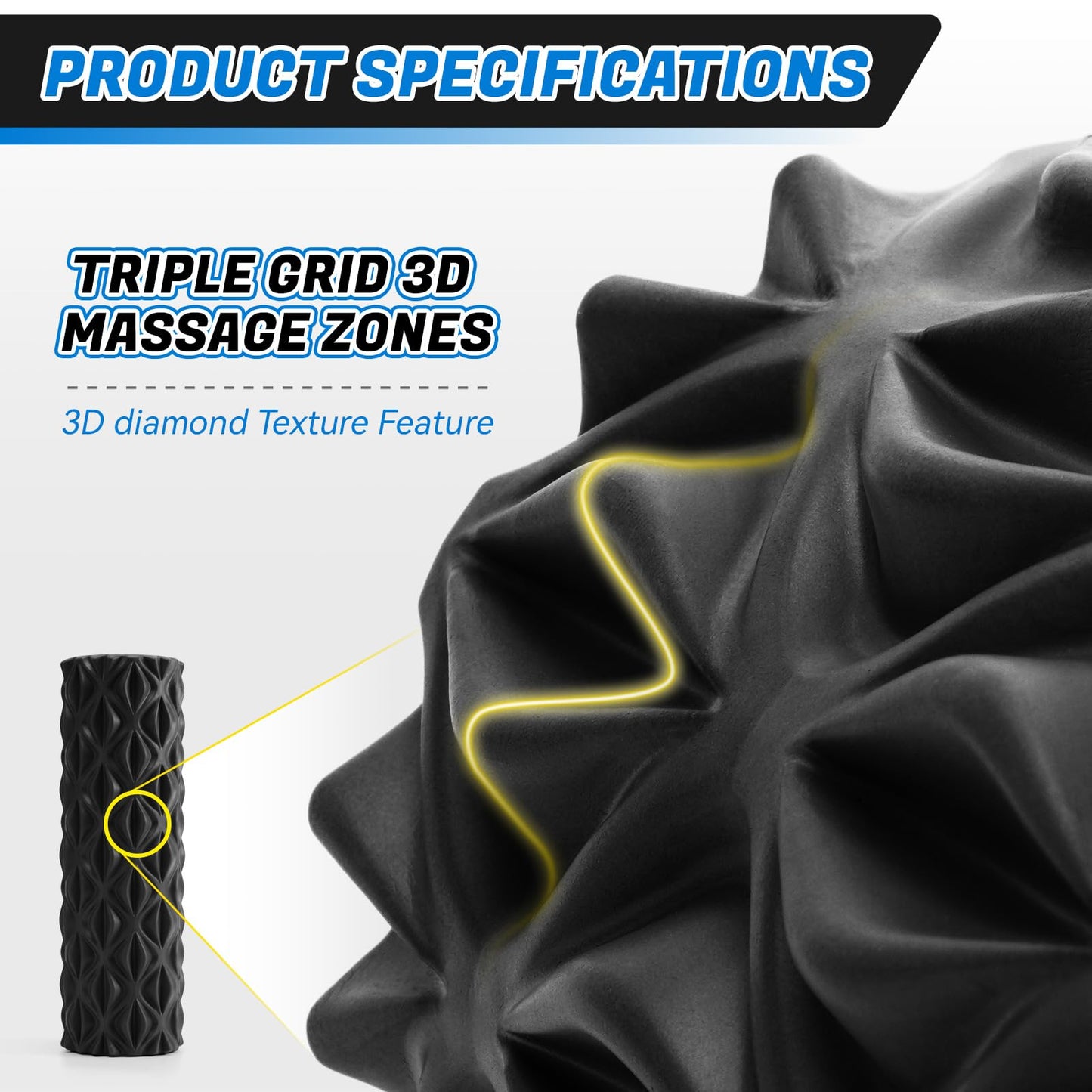 JOYVANTAGE Foam Roller for Deep Tissue Massager, 15" High Density Diamond-Shaped Texture, Myofascial Release, Deep Tissue Muscle Massage Trigger Point Release Back Roller for Fitness (Black)