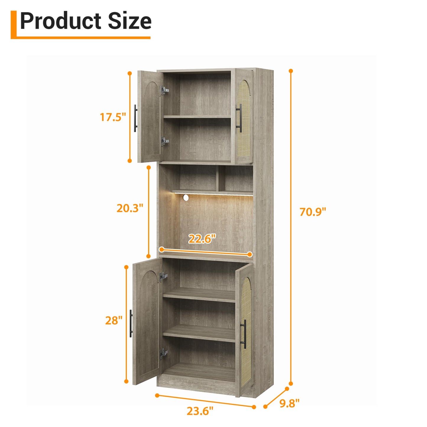 IDEALHOUSE 71" Tall Pantry Cabinet with Countertop & LED Light Strip – Kitchen Storage Cabinet with Microwave Shelf & Adjustable Shelves, Farmhouse Kitchen Hutch for Dining Room, Oak
