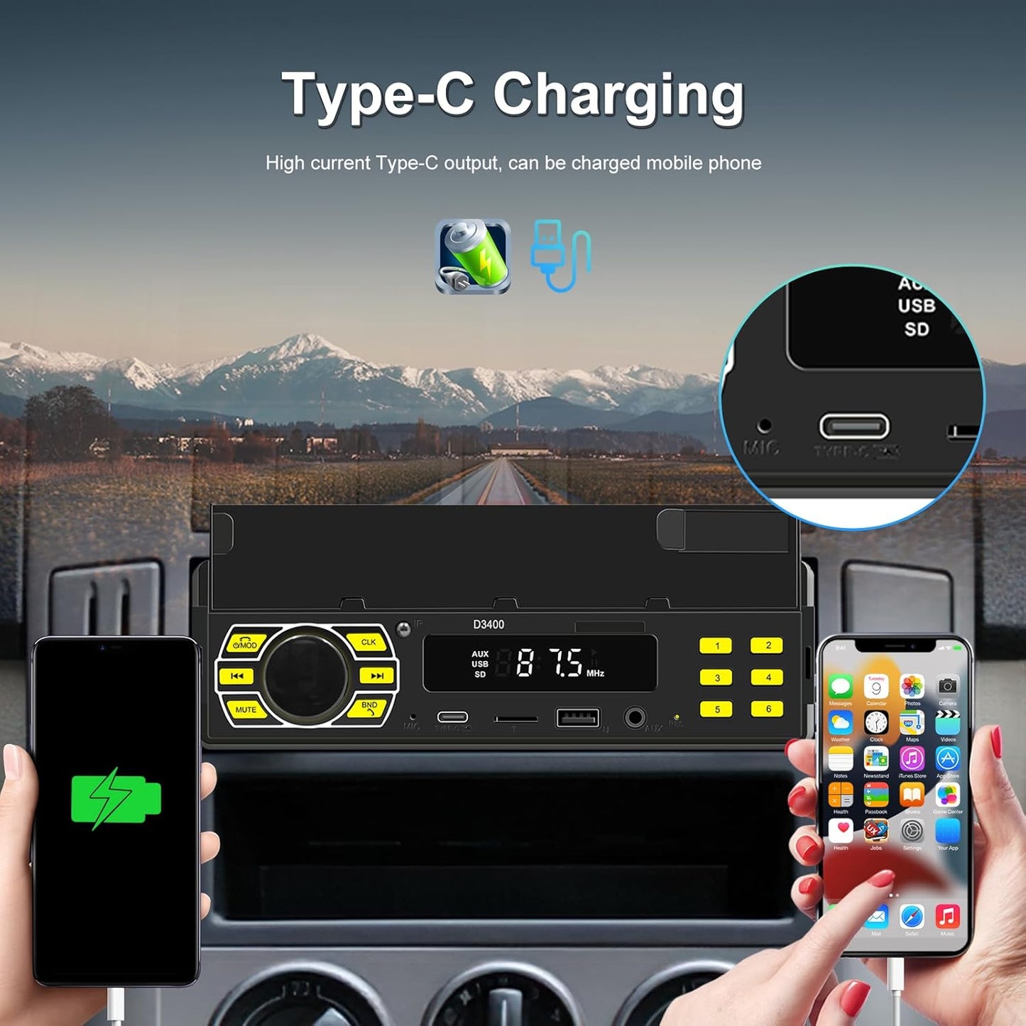 ePathChina MP3/SD/TF/AUX/USB/Remote/Type-C Car Audio Stereo, Single Din, Bluetooth, No CD DVD Player, FM Radio