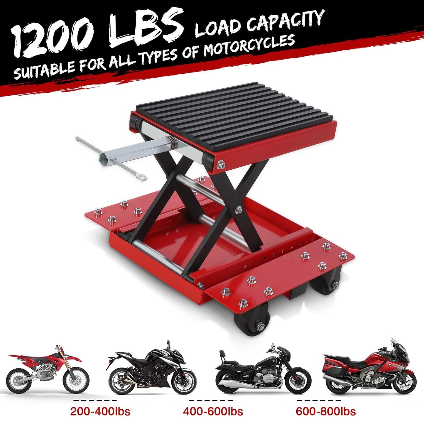 1200 LBS Motorcycle Lift, Dirt Bike Scissor Jack Lift Table with Hand Crank & Caster Wheels, 4.7"-15.4" Height Adjustable Center Hoist Stand for ATVs, Cruiser, Touring Motorcycles