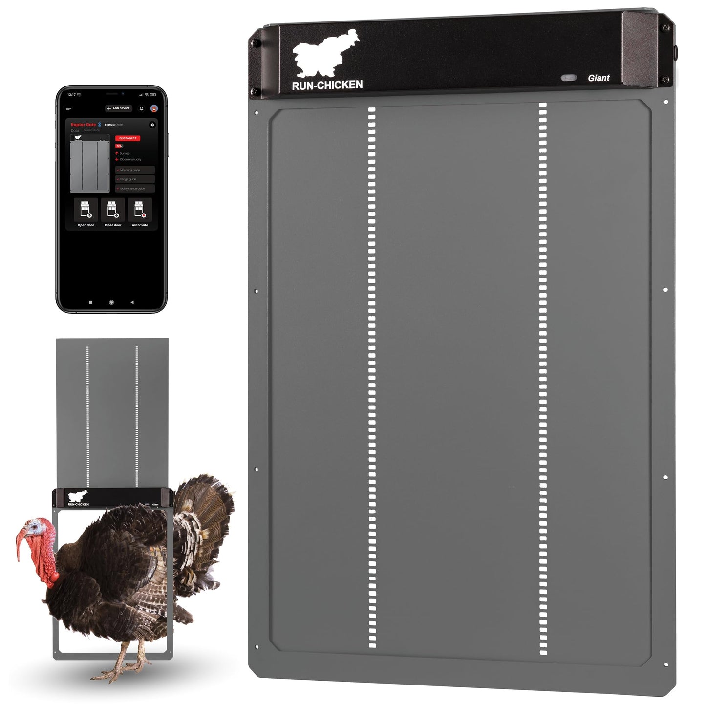 RUN-CHICKEN Door Giant – Large Automatic Poultry Coop Door for Ducks & Turkeys, Not for Chickens, Battery Powered/Solar Compatible, Heavy-Duty Aluminum, Predator Proof, Easy Install (Gray)