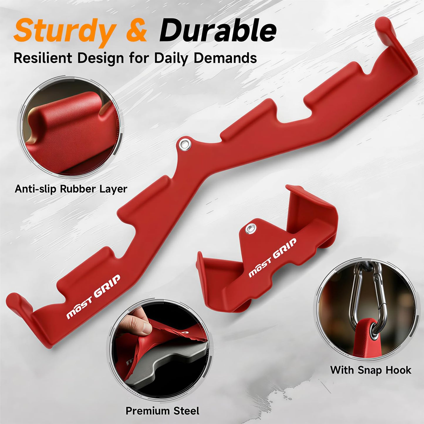 MOST GRIP Multi-Functional Cable Machine Attachment Set, Ergonomic LAT Pulldown Attachment for Whole Back Training, Cable Attachments for Gym Home Include Tricep Rope and 2 LAT Pull Down Bar (Red)
