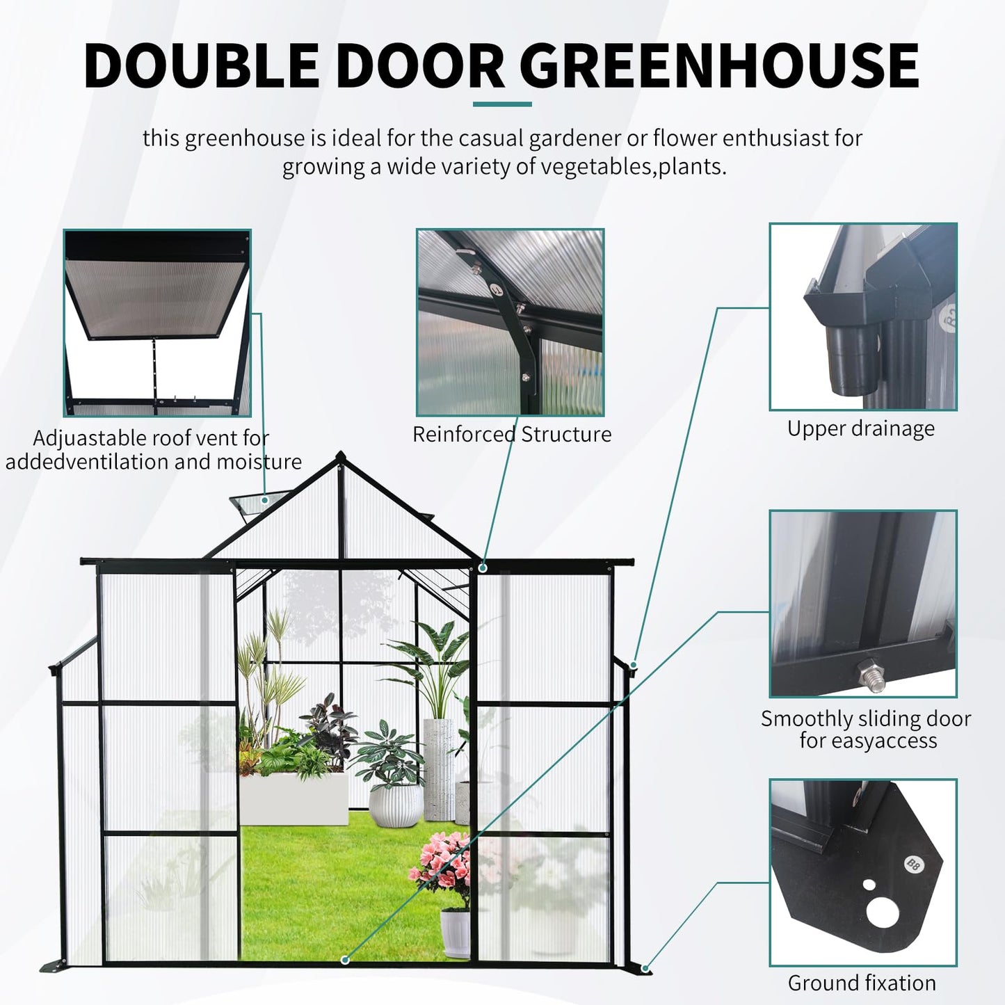 Ball & Cast 8X6 FT Greenhouse for Outdoors,Double Sliding Door Polycarbonate Raised Plant Base with Drainage System & Galvanized Frame,Backyard Anchor Aluminum Heavy Duty Walk-in Green Houses,Black